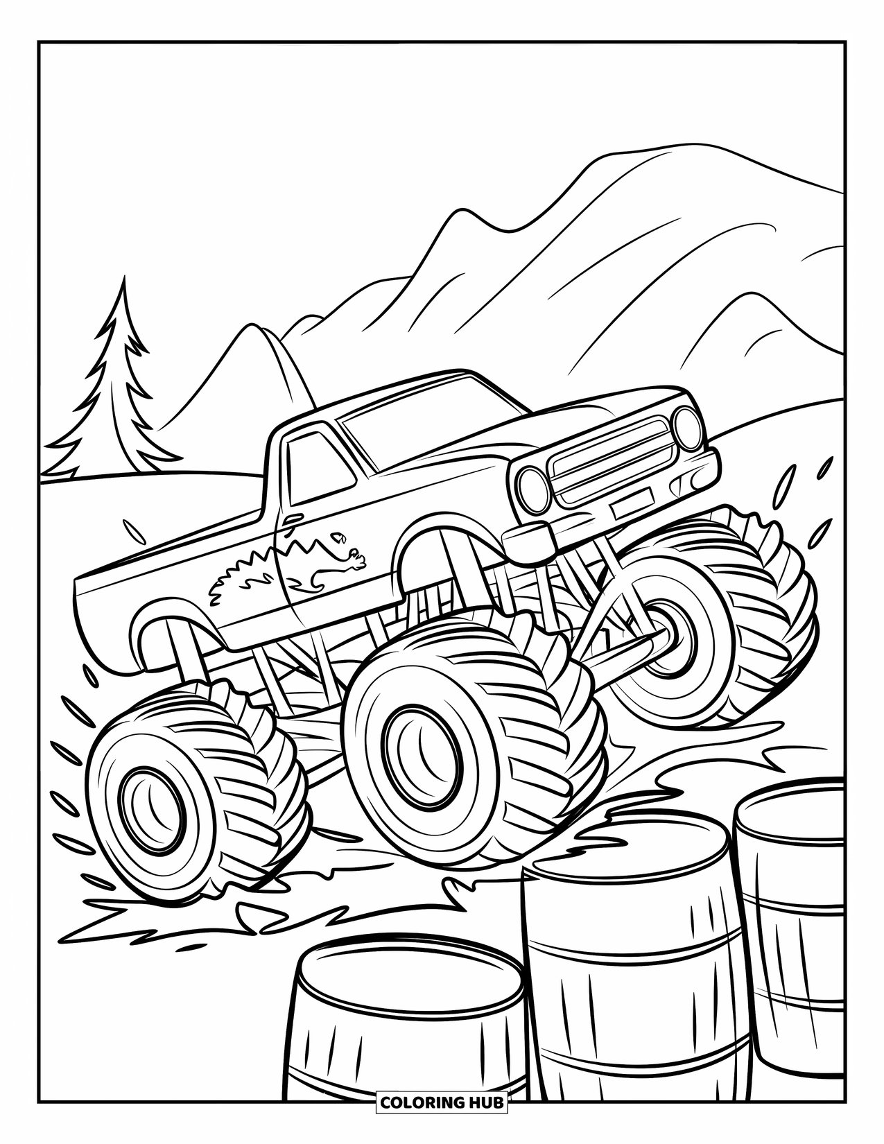 Desenho de caminhão monstro para colorir para crianças: Um caminhão monstro esmaga um carro pequeno enquanto compete em uma corrida de alto risco com um caminhão rival