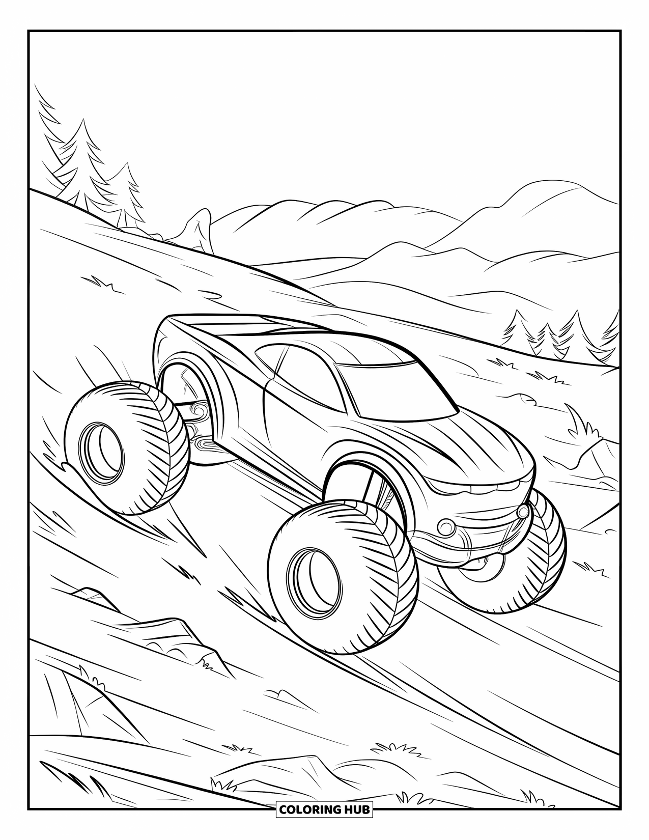 Desenho de caminhão monstro para colorir para crianças: Um caminhão monstro desvia de obstáculos em um percurso off-road acidentado cheio de toras, pneus e carros