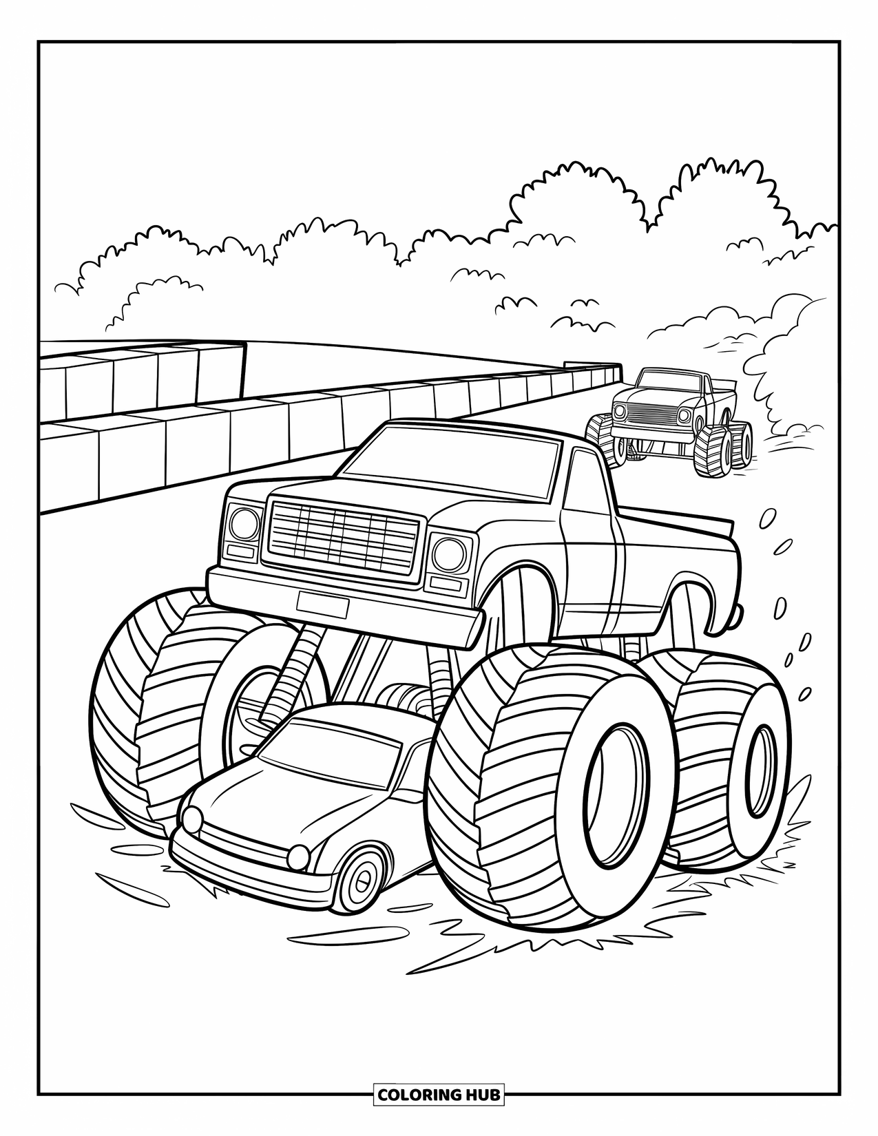 Desenho de caminhão monstro para colorir para crianças: Um caminhão monstro domina a pista, esmagando um carro enquanto outro caminhão segue atrás