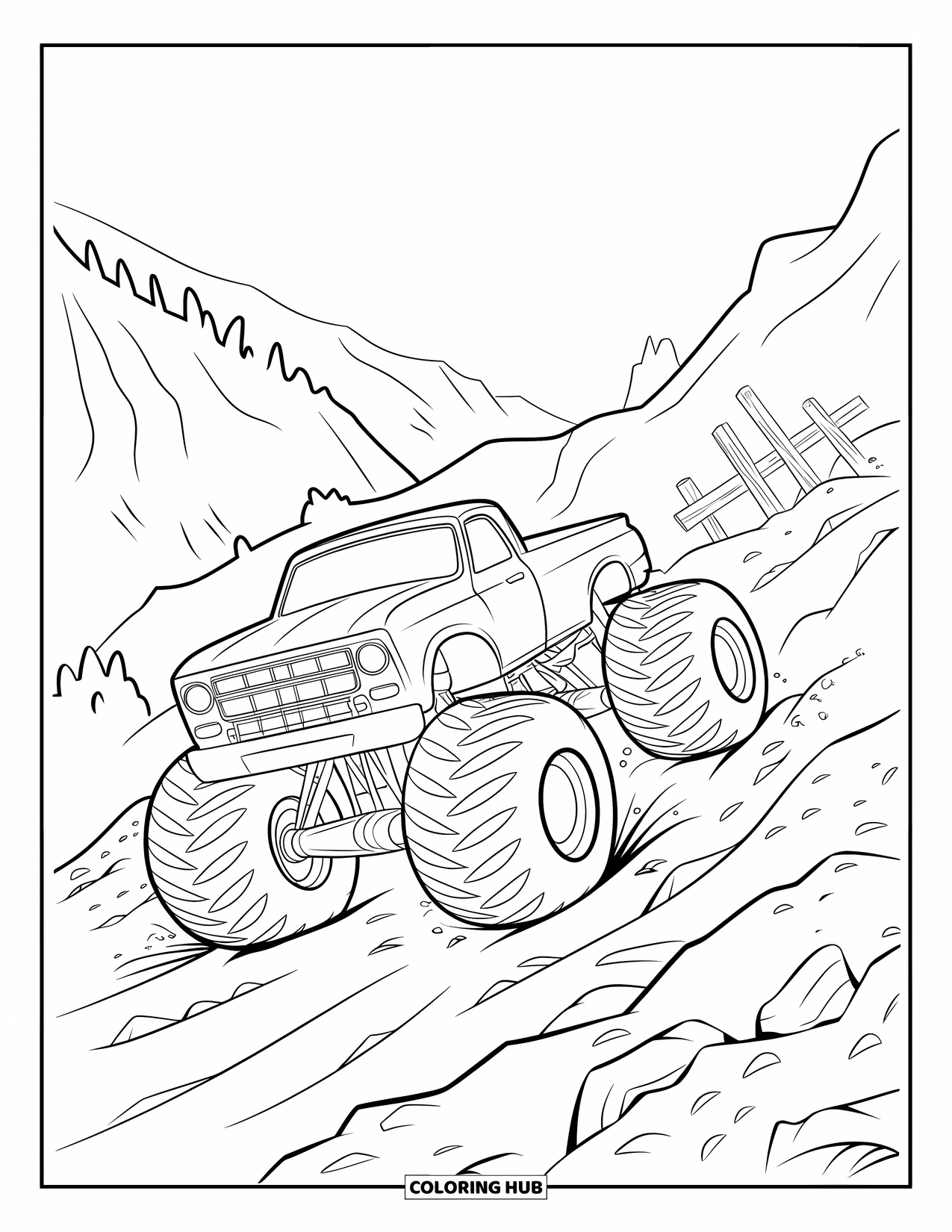 Desenho de caminhão monstro para colorir para crianças: Um caminhão monstro domina a pista, esmagando um carro enquanto outro caminhão segue atrás