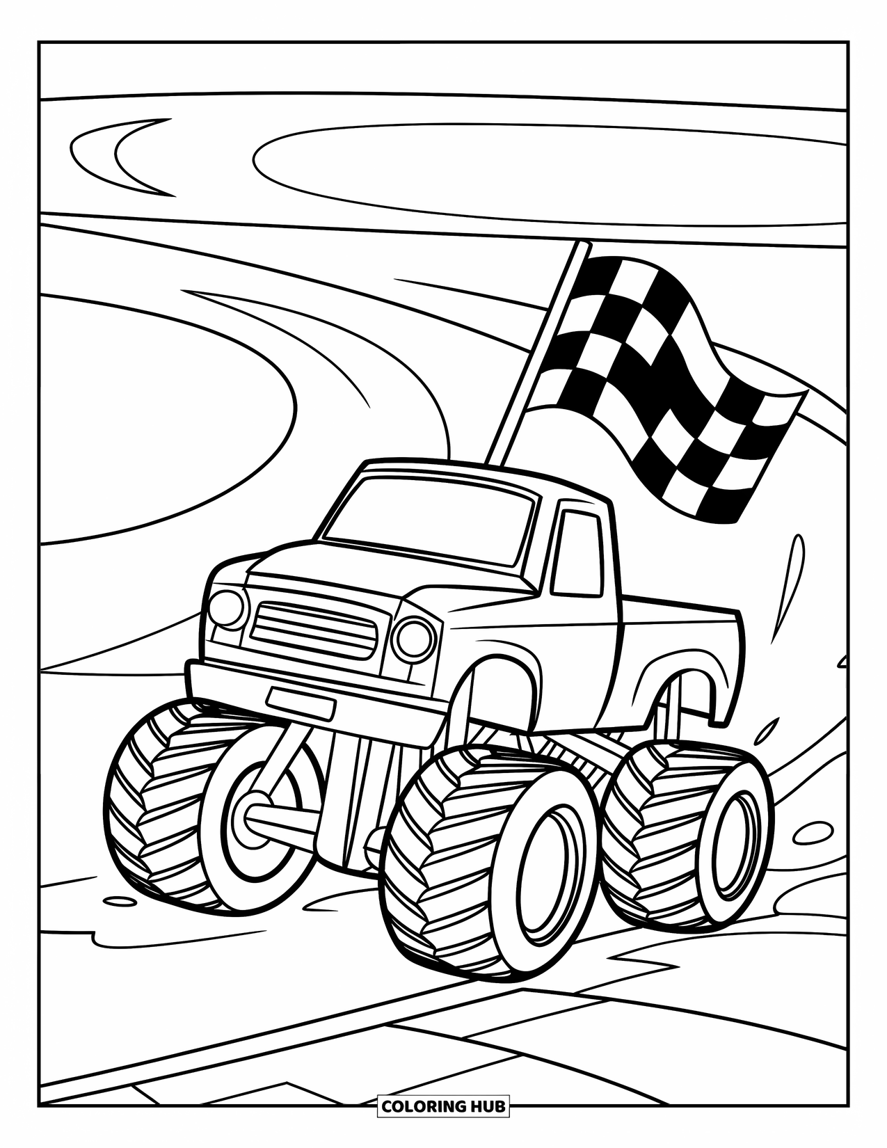 Desenho de caminhão monstro para colorir para crianças: Um caminhão monstro passa por cima de um carro com uma bandeira quadriculada tremulando ao fundo