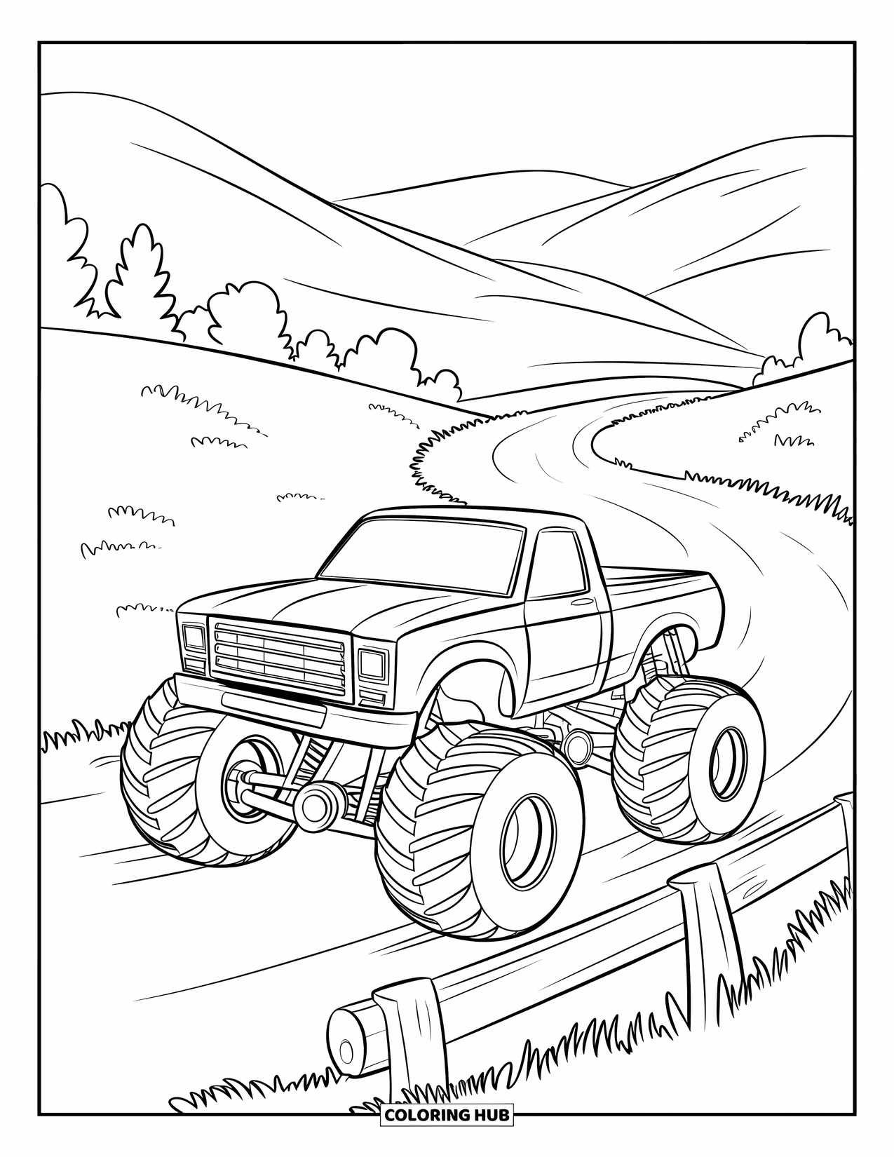 Desenho de caminhão monstro para colorir para crianças: Um caminhão monstro passa por cima de uma barreira de madeira em uma estrada sinuosa com campos gramados e árvores