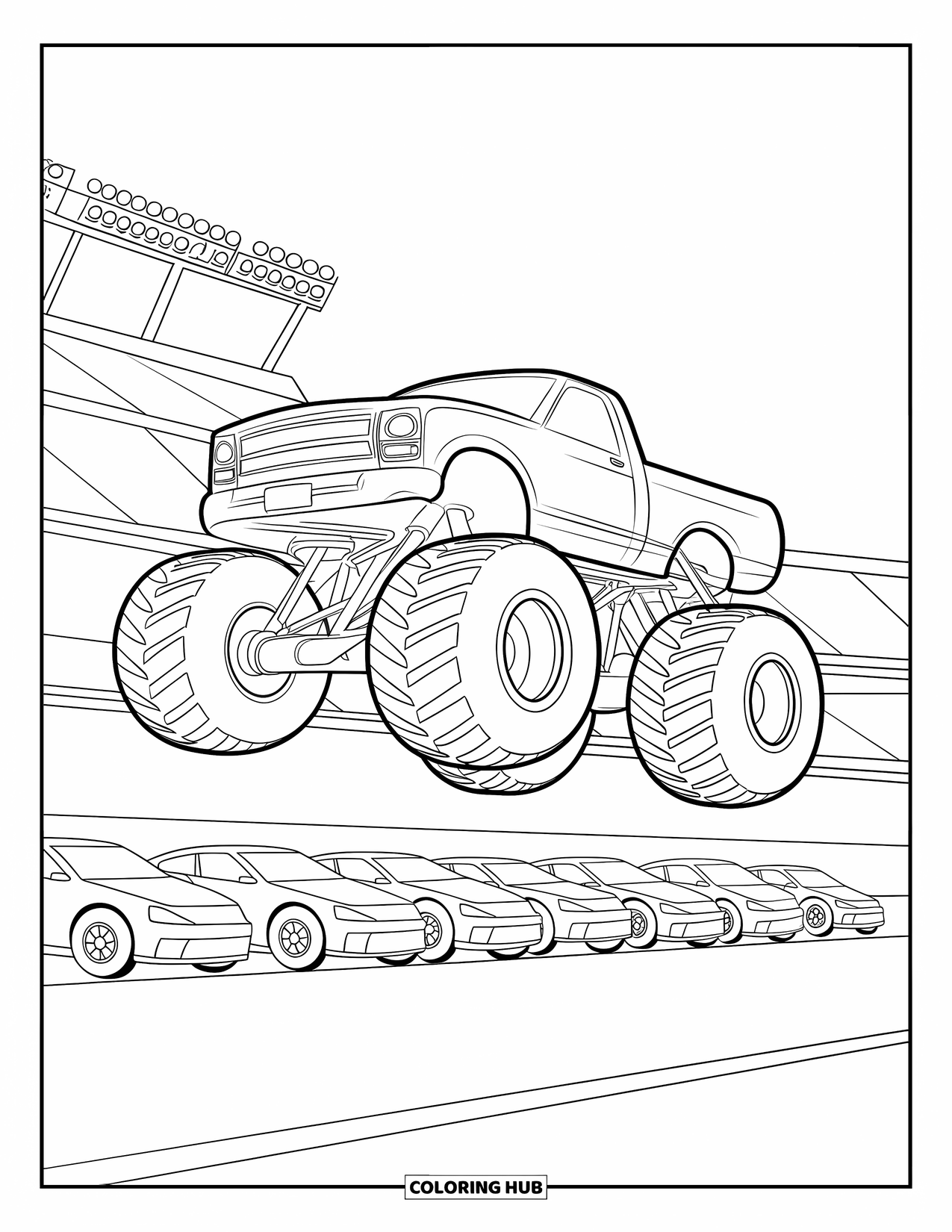 Desenho de caminhão monstro para colorir para crianças: Um caminhão monstro salta sobre uma fileira de carros em um estádio, com uma multidão rugindo ao fundo