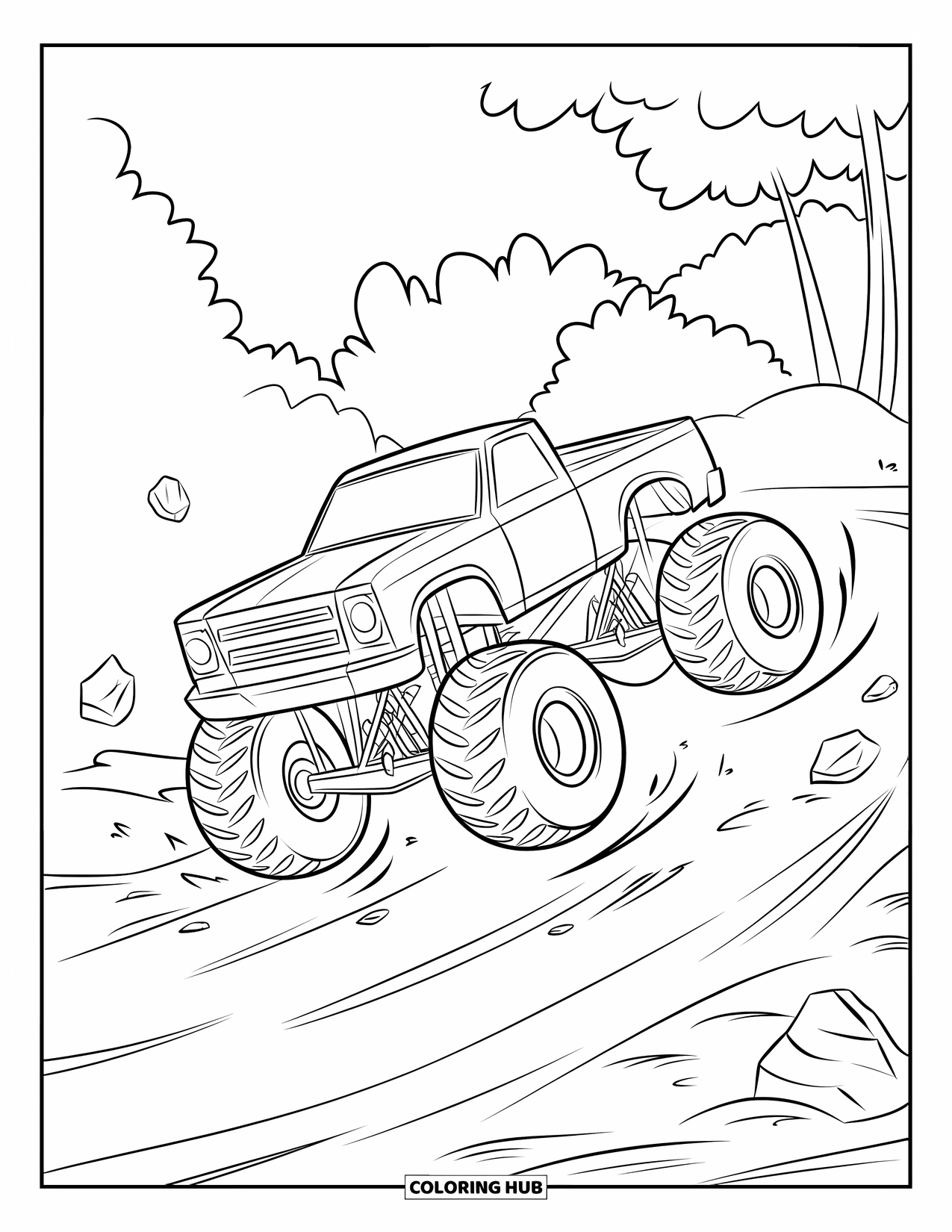 Desenho de caminhão monstro para colorir para crianças: Um caminhão monstro levanta as rodas dianteiras do chão, deixando um rastro de poeira e linhas de movimento