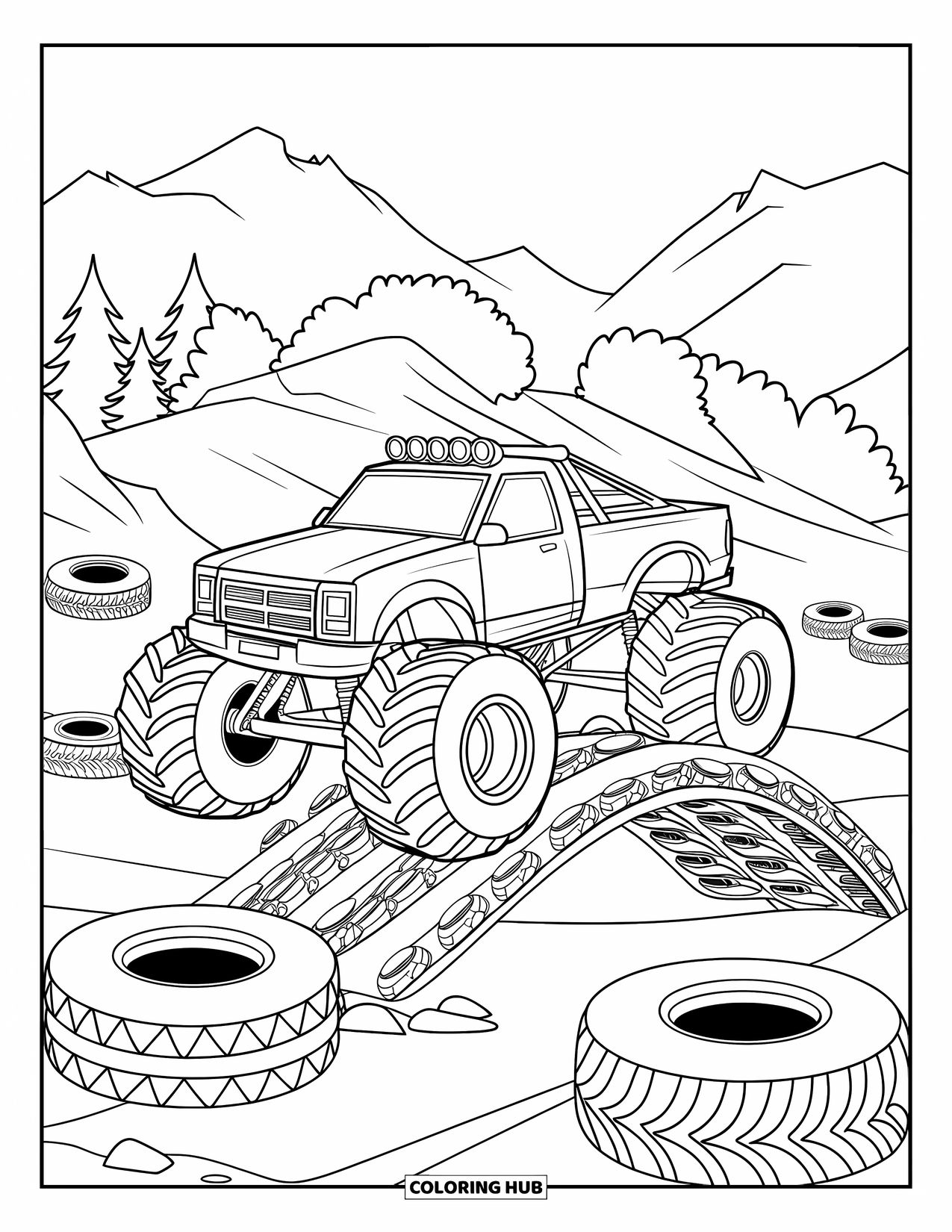 Desenho de caminhão monstro para colorir para crianças: Um caminhão monstro navega por um percurso acidentado, passando por uma ponte feita de carros empilhados