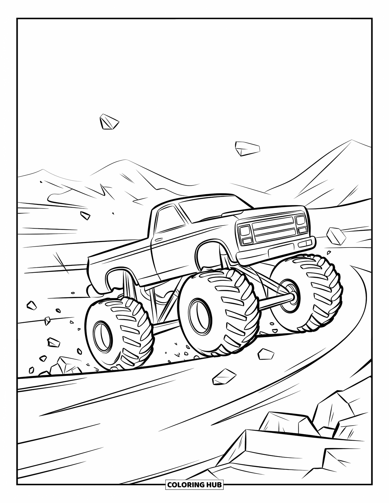 Desenho de caminhão monstro para colorir para crianças: Um caminhão monstro faz um wheelie em uma estrada de terra, levantando poeira e pedras