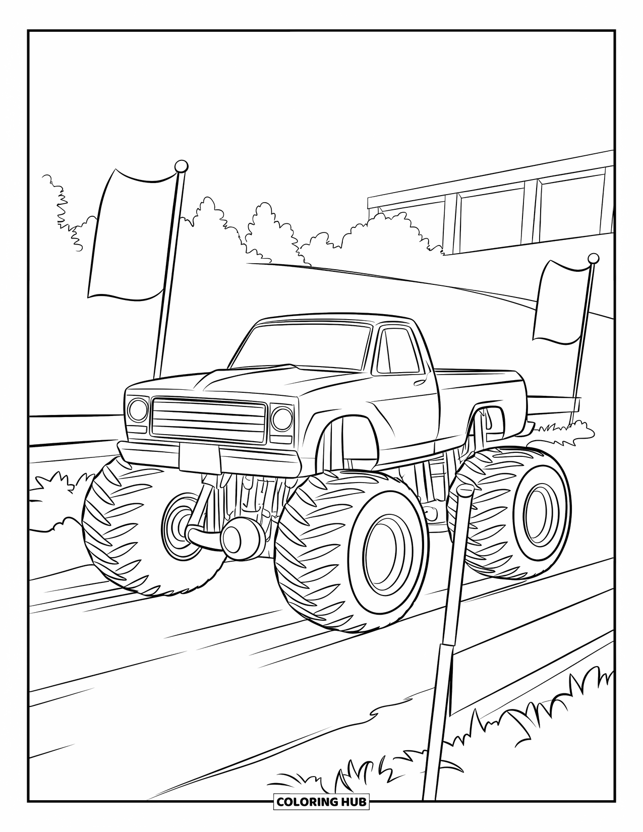 Desenho de caminhão monstro para colorir para crianças: Um caminhão monstro acelera seu motor na linha de partida, pronto para correr em uma pista de terra