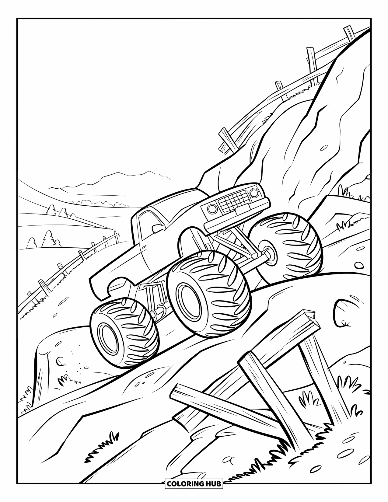 Desenho de caminhão monstro para colorir para crianças: Um caminhão monstro ruge sobre um carro esmagado, correndo à frente enquanto um rival segue perto de uma bandeira quadriculada