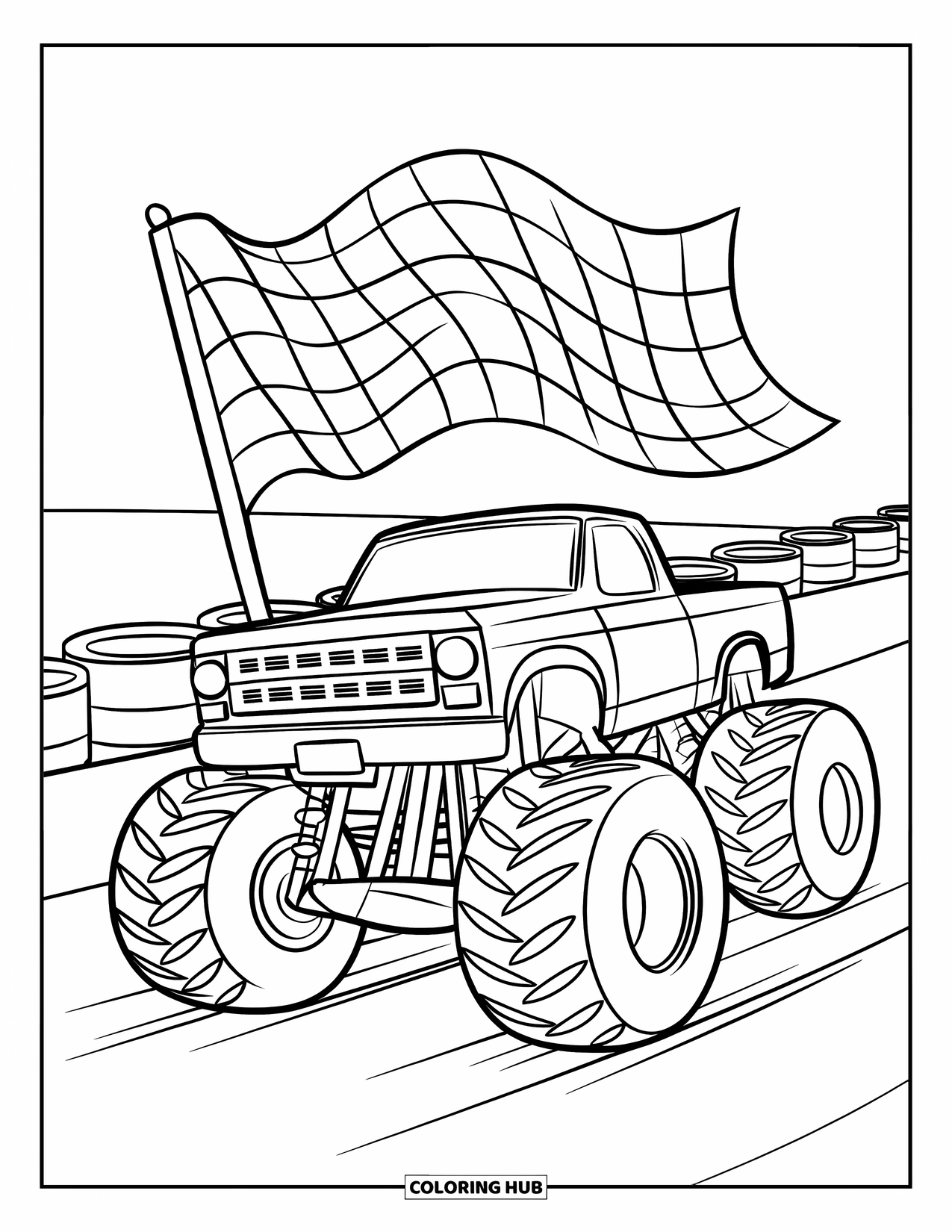 Desenho de caminhão monstro para colorir para crianças: Um caminhão monstro passa por cima de um carro em uma pista de corrida com barris e uma bandeira quadriculada tremulando