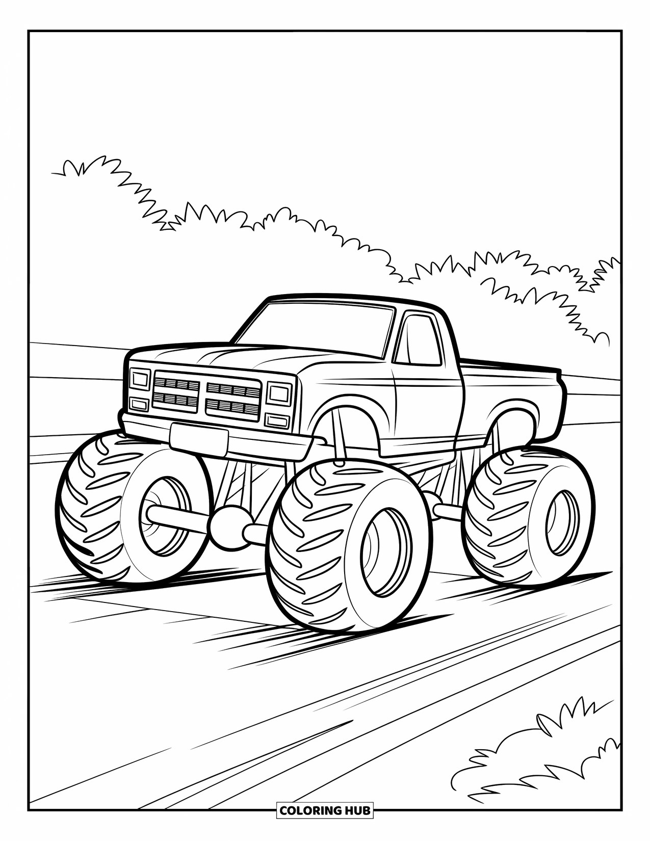 Desenho de caminhão monstro para colorir para crianças: Um caminhão monstro está na linha de partida em uma pista de corrida de terra, pronto para decolar