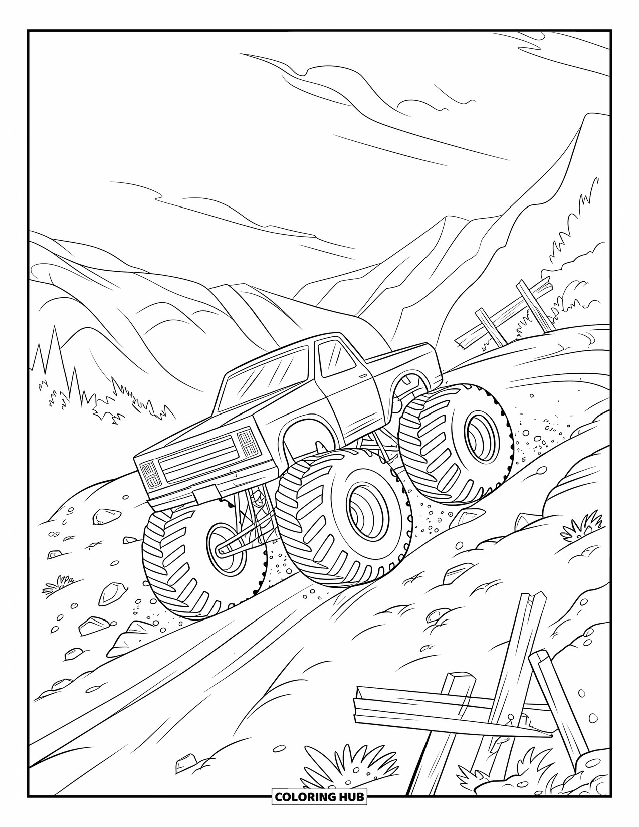 Desenho de caminhão monstro para colorir para crianças: Um caminhão monstro acelera sobre terreno rochoso com uma cerca de madeira quebrada à distância
