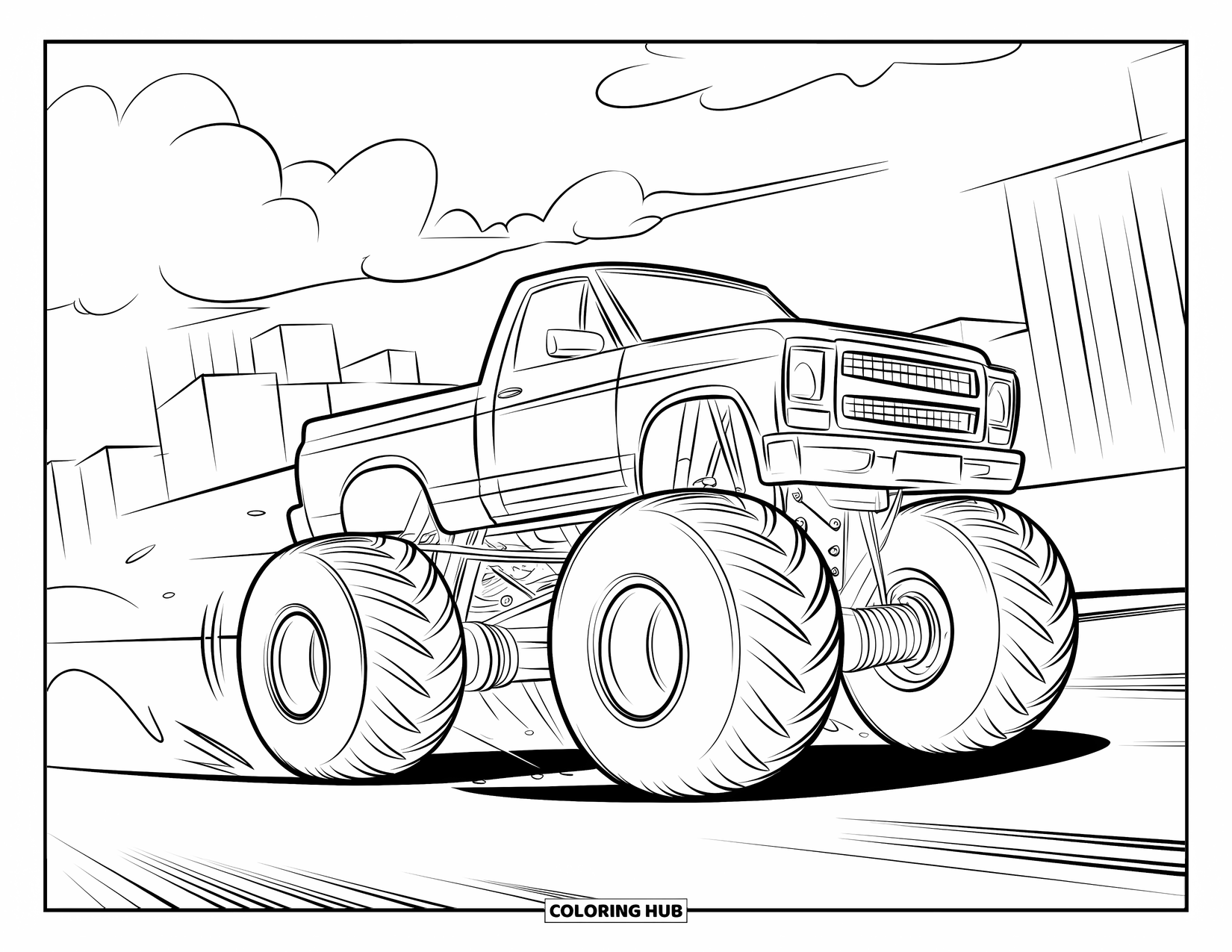 Desenho de caminhão monstro para colorir para crianças: Um caminhão monstro acelera por uma cidade sob céus nublados, perseguindo um competidor rival