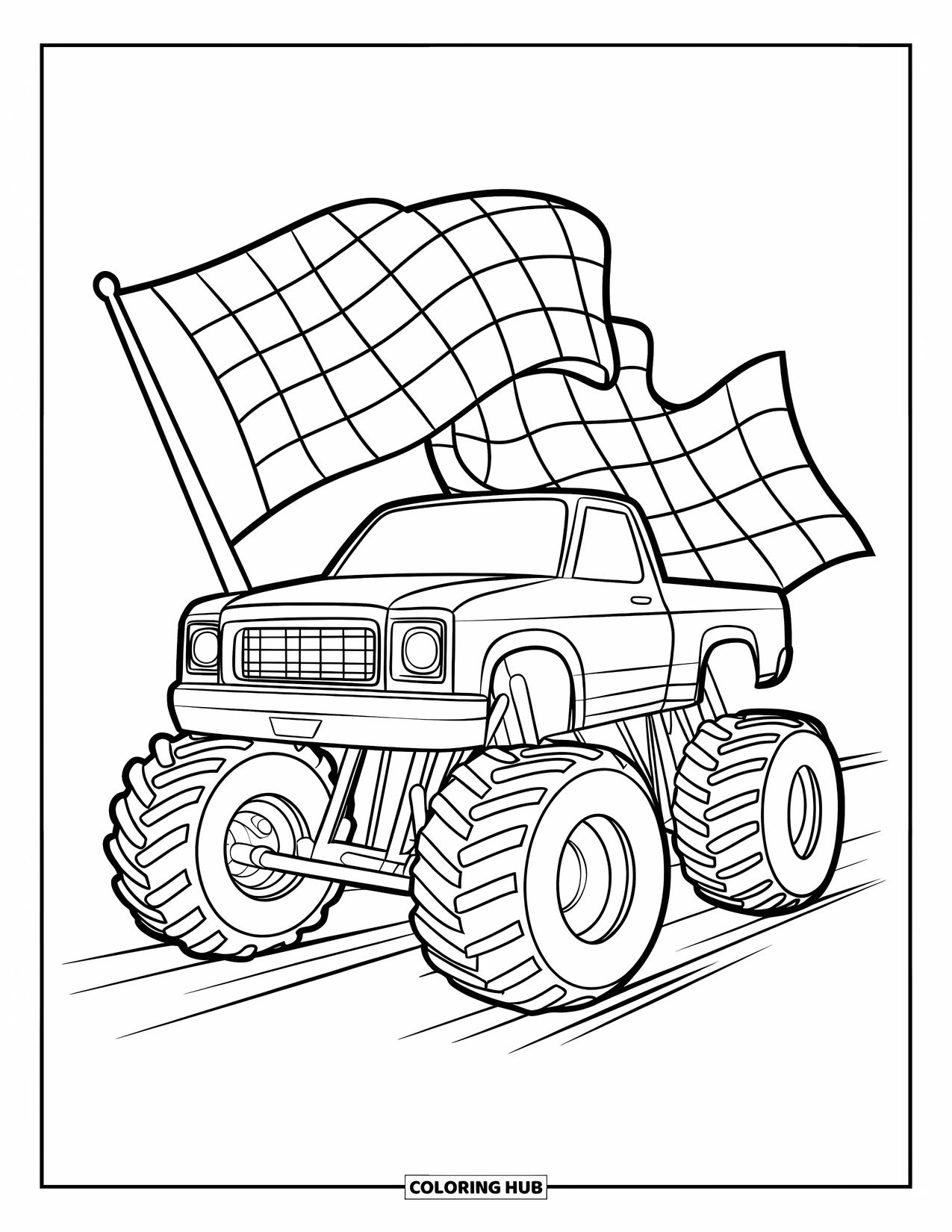 Desenho de caminhão monstro para colorir para crianças: Um caminhão monstro se destaca orgulhosamente com uma bandeira quadriculada tremulando atrás dele na chegada da corrida