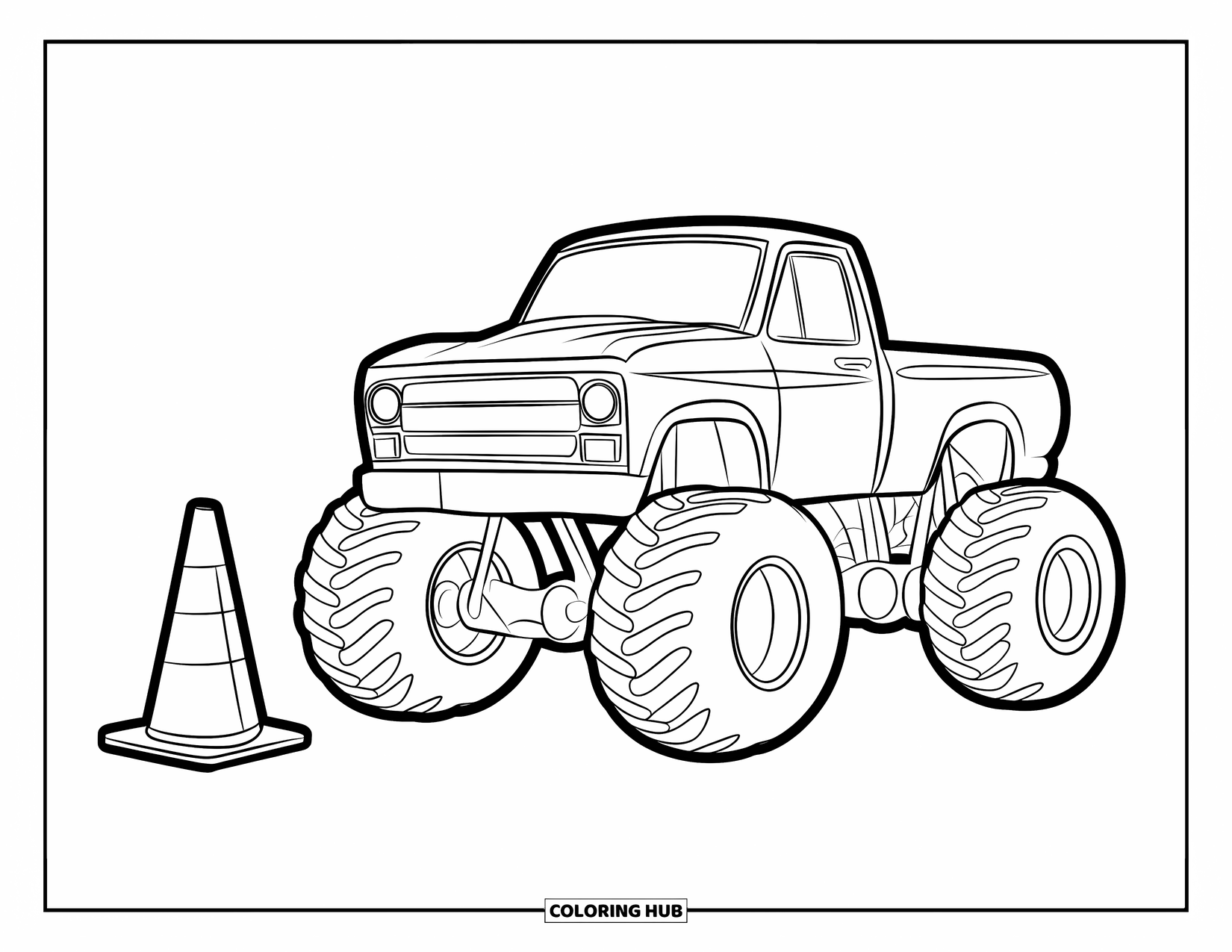 Desenho de caminhão monstro para colorir para crianças: Um caminhão monstro com uma construção ousada está estacionado ao lado de um cone de trânsito em um lote aberto