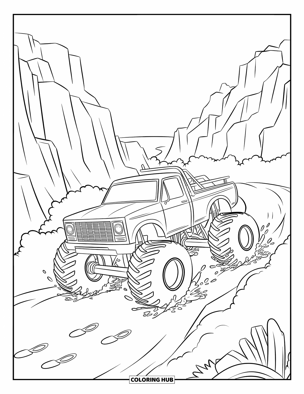 Desenho de caminhão monstro para colorir para crianças: Um caminhão monstro com uma plataforma ruge por uma trilha acidentada, deixando rastros na terra