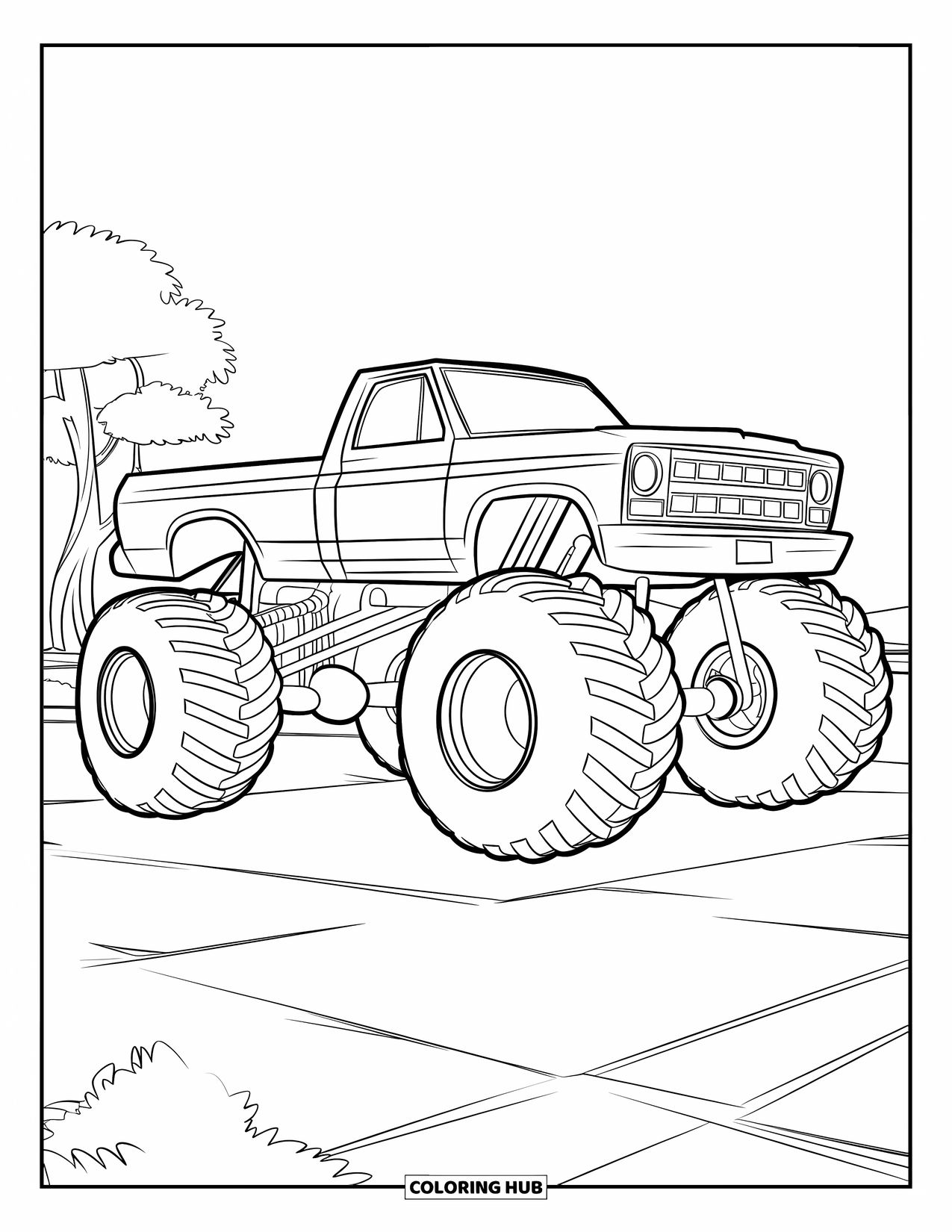 Desenho de caminhão monstro para colorir para crianças: Um caminhão monstro com um corpo grande e rodas pretas fica perto de uma pequena árvore em uma área aberta