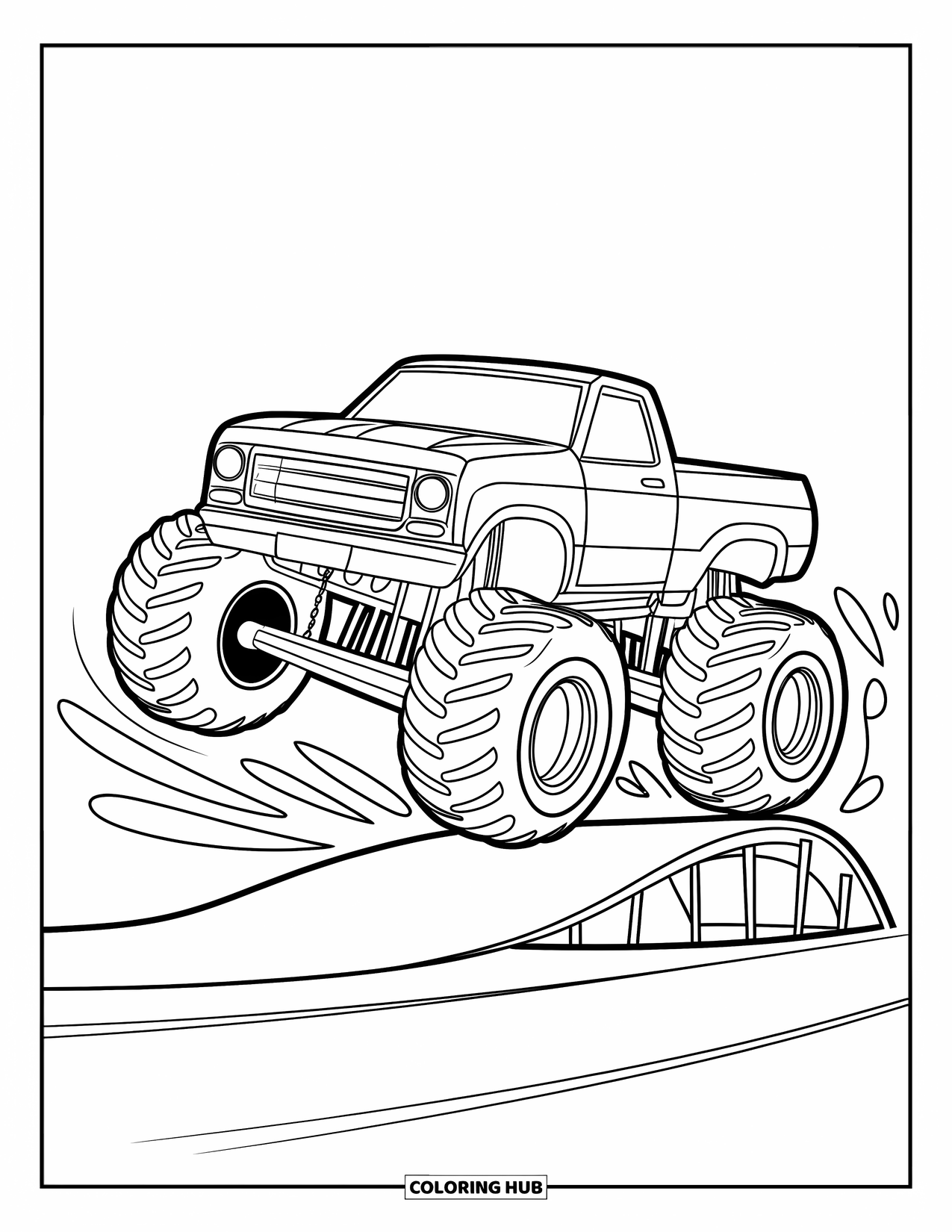 Desenho de caminhão monstro para colorir para crianças: Um caminhão monstro com um design divertido salta sobre uma rampa com linhas de movimento ao redor