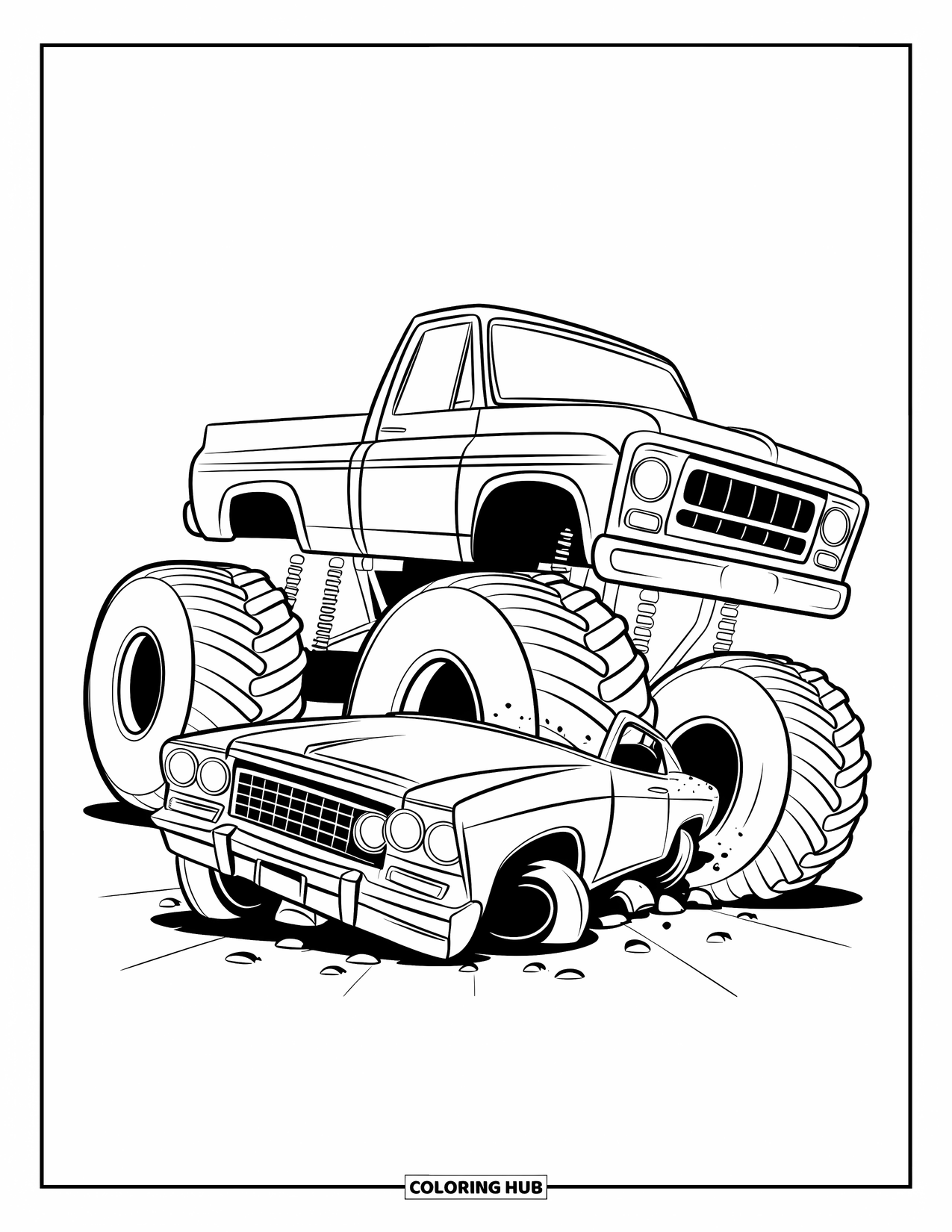 Desenho de caminhão monstro para colorir para crianças: Um caminhão monstro com um corpo vermelho achata um carro clássico sob suas enormes rodas redondas