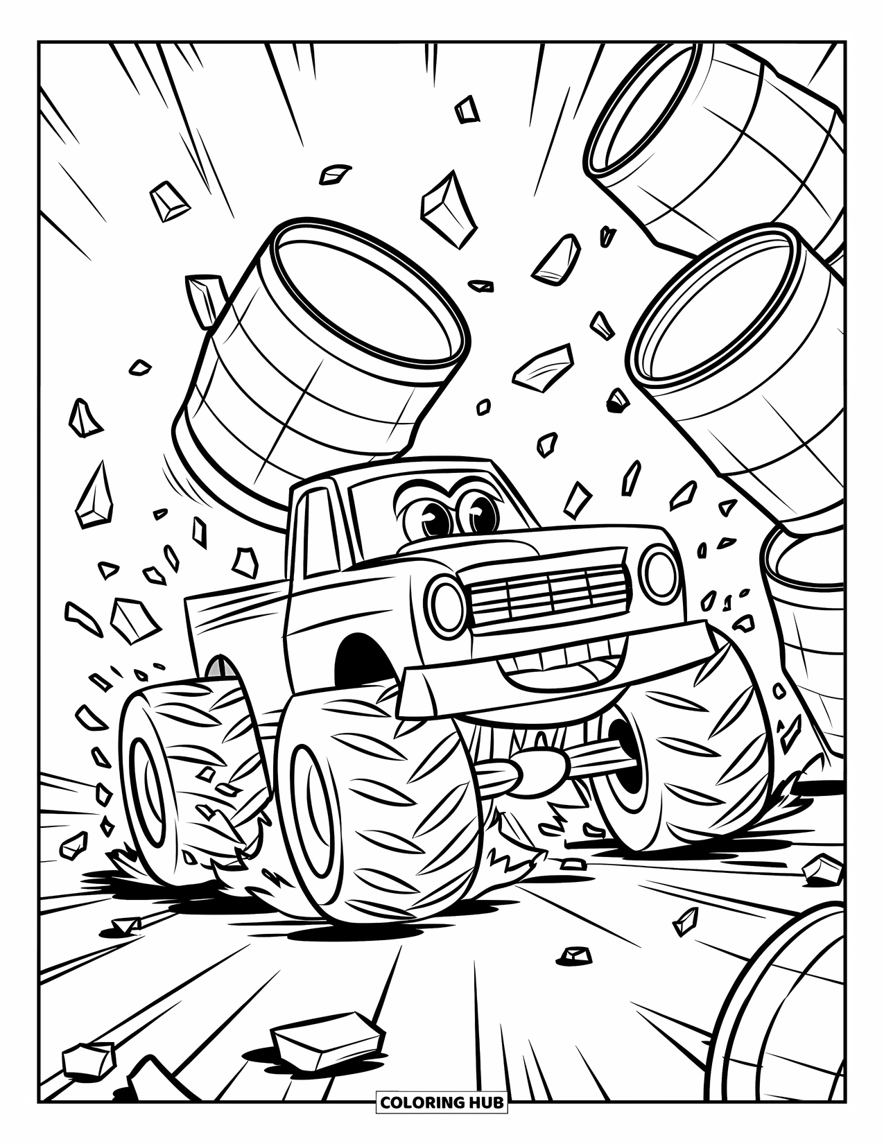 Desenho de caminhão monstro para colorir para crianças: Um caminhão monstro com uma estrutura reforçada e design agressivo fica em uma arena com espectadores torcendo