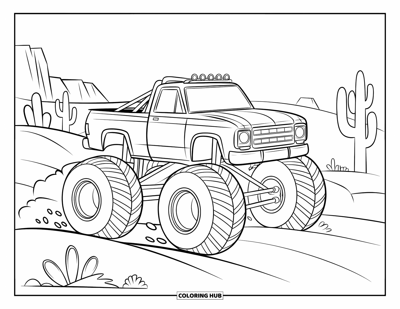 Desenho de caminhão monstro para colorir para crianças: Um caminhão monstro com uma gaiola de proteção levanta areia enquanto acelera pelas dunas do deserto