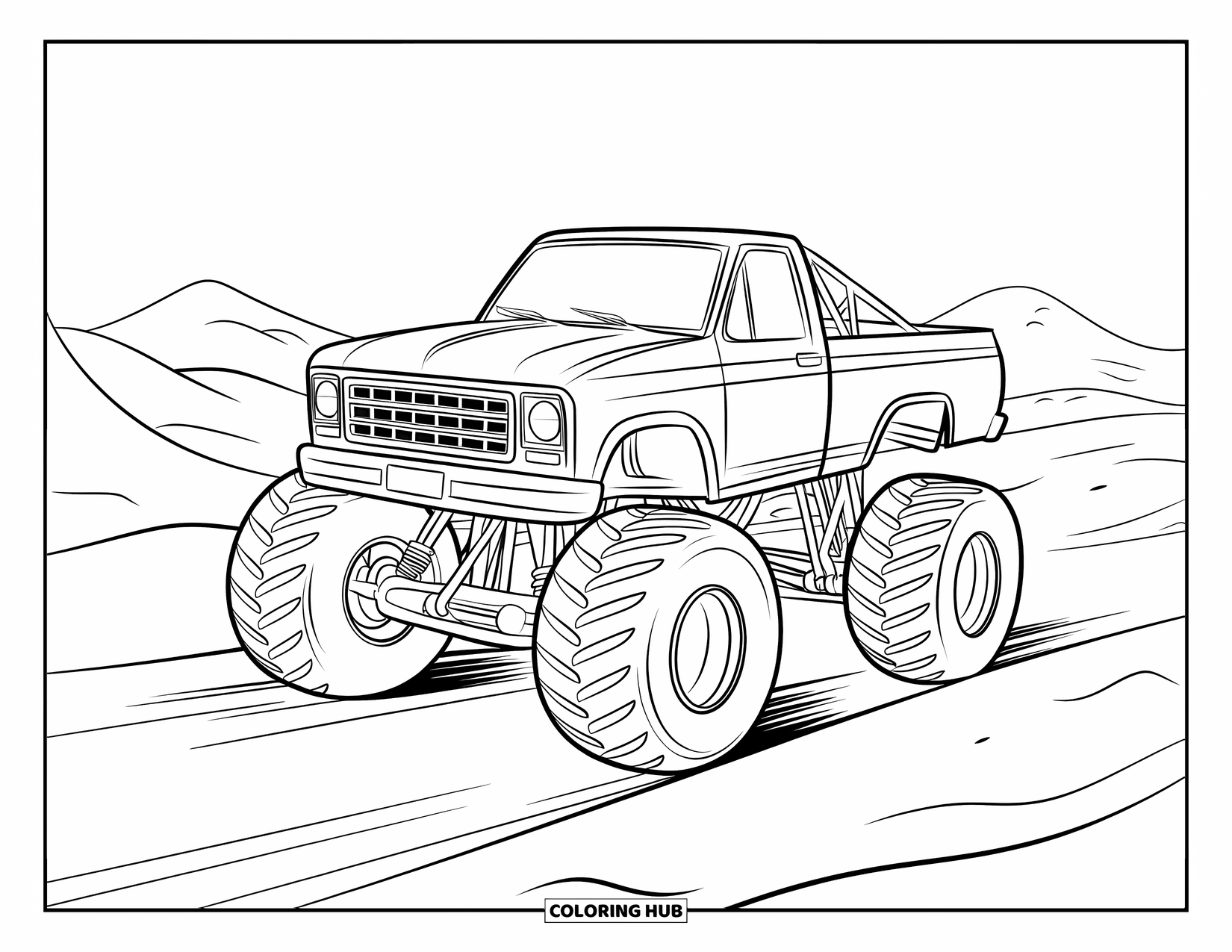 Desenho de caminhão monstro para colorir para crianças: Um caminhão monstro com uma gaiola de proteção corre pelas dunas de areia com montanhas à distância