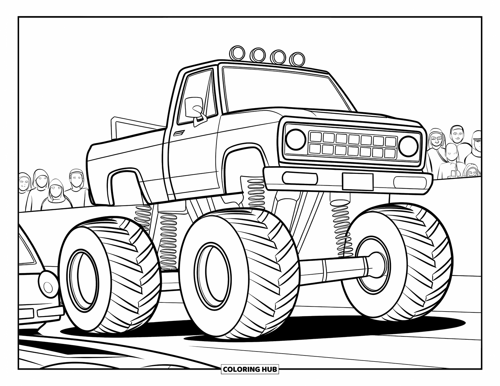 Desenho de caminhão monstro para colorir para crianças: Um caminhão monstro com um design robusto esmaga um carro enquanto uma multidão observa