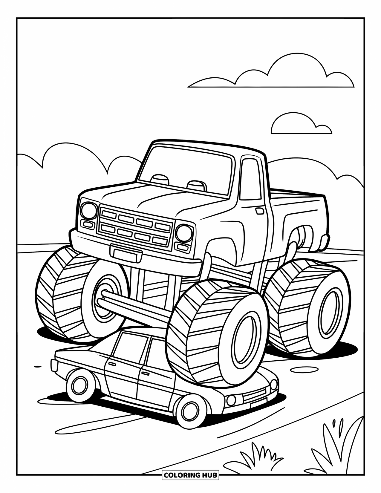 Desenho de caminhão monstro para colorir para crianças: Um caminhão monstro com um corpo curto e pneus grossos passa por cima de um carro sob um céu nublado