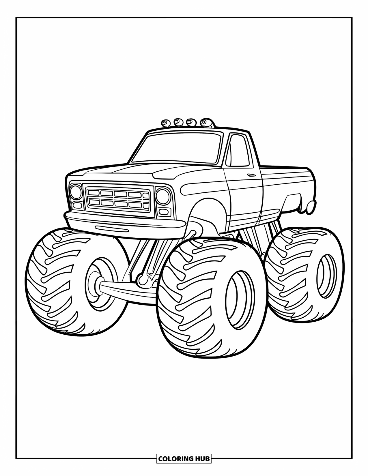 Desenho de caminhão monstro para colorir para crianças: Um caminhão monstro com um corpo curto e pneus grossos fica contra um fundo em branco