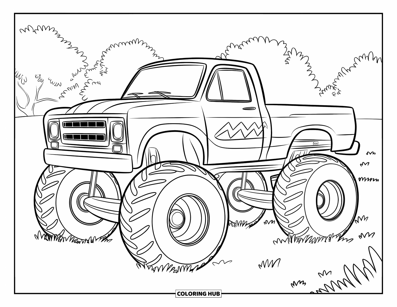 Desenho de caminhão monstro para colorir para crianças: Um caminhão monstro com um padrão em zigue-zague fica em um campo gramado com árvores ao fundo