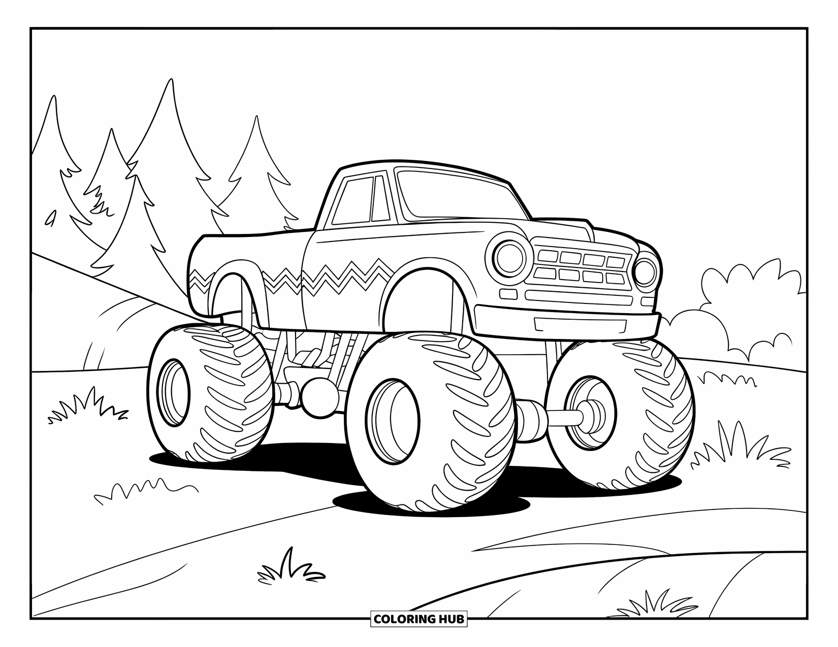 Desenho de caminhão monstro para colorir para crianças: Um caminhão monstro com um padrão em zigue-zague fica em um terreno gramado com algumas árvores por perto