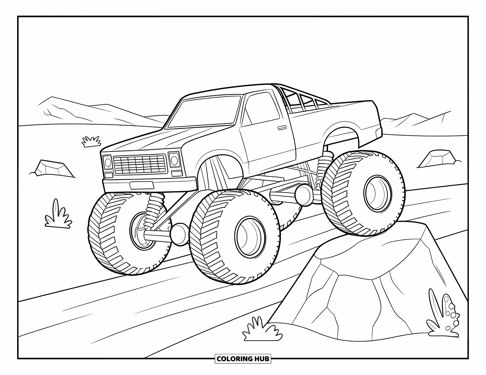 Desenho de caminhão monstro para colorir para crianças: Um caminhão monstro com uma cabine estendida corre sobre uma grande rocha em uma paisagem desértica