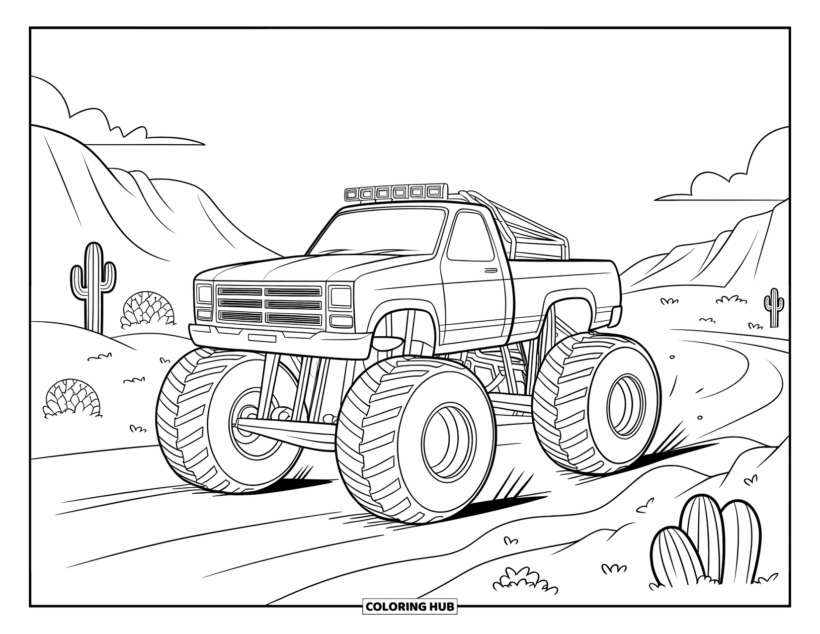Desenho de caminhão monstro para colorir para crianças: Um caminhão monstro com pneus grandes avança por terreno desértico rochoso com cactos ao fundo