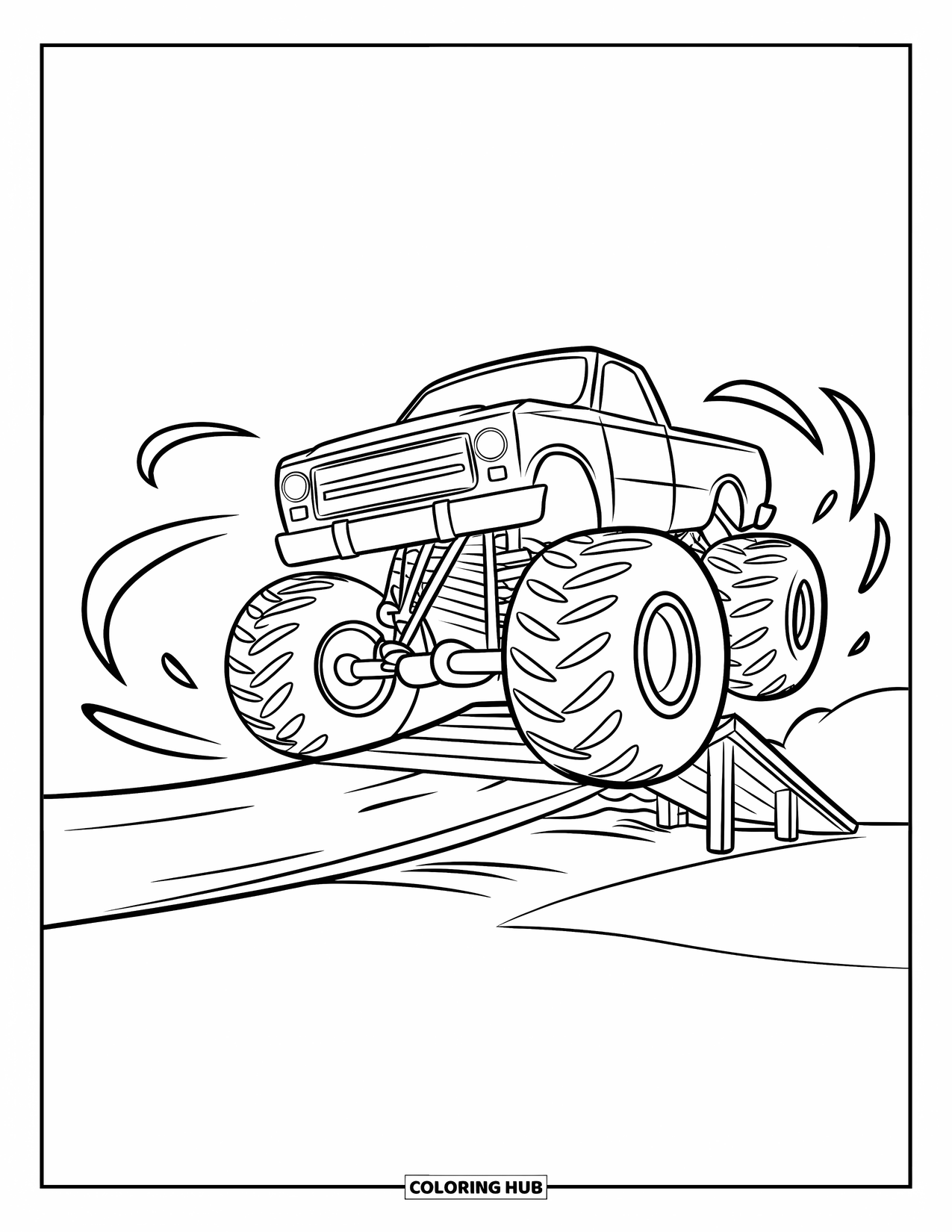 Desenho de caminhão monstro para colorir para crianças: Um caminhão monstro com rodas brilhantes salta sobre uma rampa de madeira com linhas de movimento mostrando o movimento