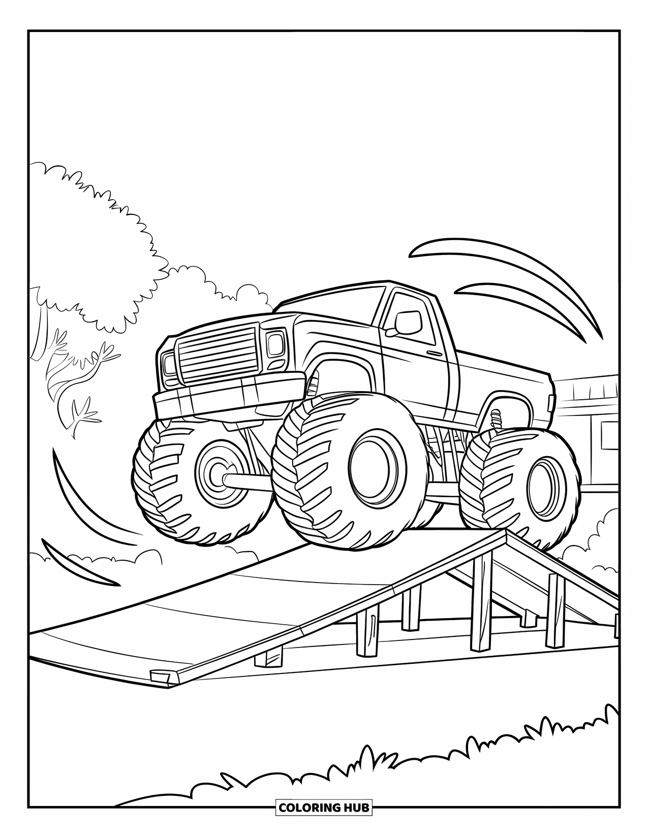 Desenho de caminhão monstro para colorir para crianças: Um caminhão monstro com rodas enormes se lança de uma rampa de madeira perto de árvores e um prédio