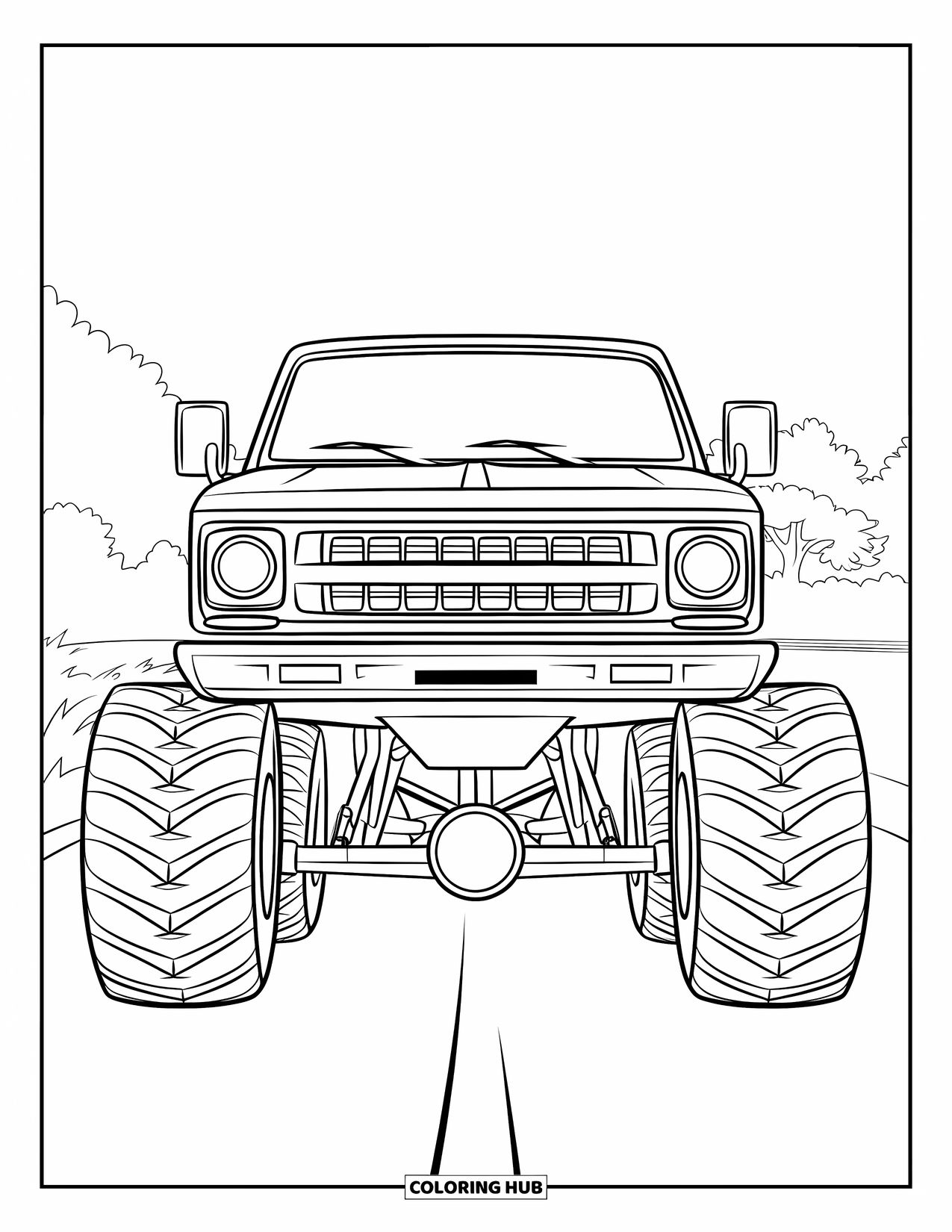 Desenho de caminhão monstro para colorir para crianças: Um caminhão monstro com faróis grandes e uma grade ousada está estacionado perto de árvores em uma estrada