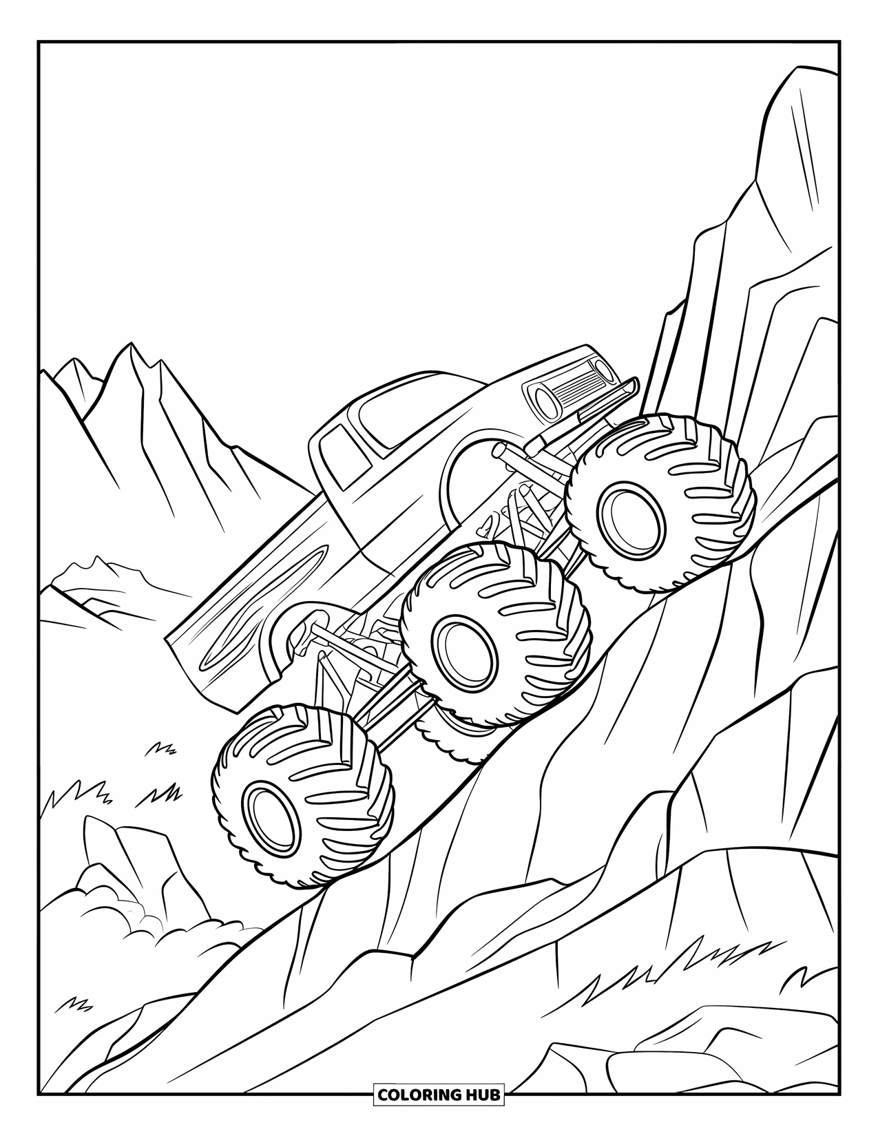 Desenho de caminhão monstro para colorir para crianças: Um caminhão monstro com pneus grandes atravessa uma ponte de toras enquanto navega por uma pista rochosa e cheia de obstáculos
