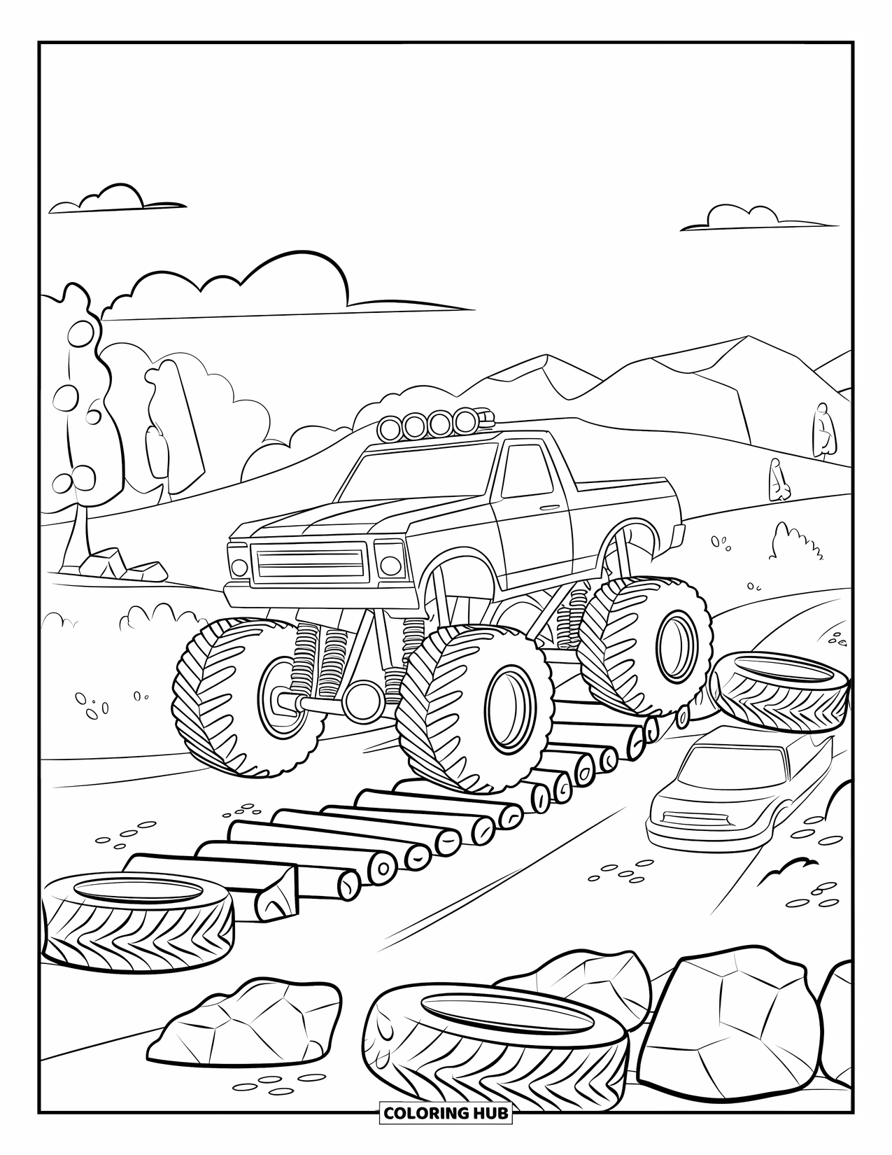 Desenho de caminhão monstro para colorir para crianças: Um caminhão monstro com pneus grandes atravessa uma ponte de toras enquanto navega por uma pista rochosa e cheia de obstáculos