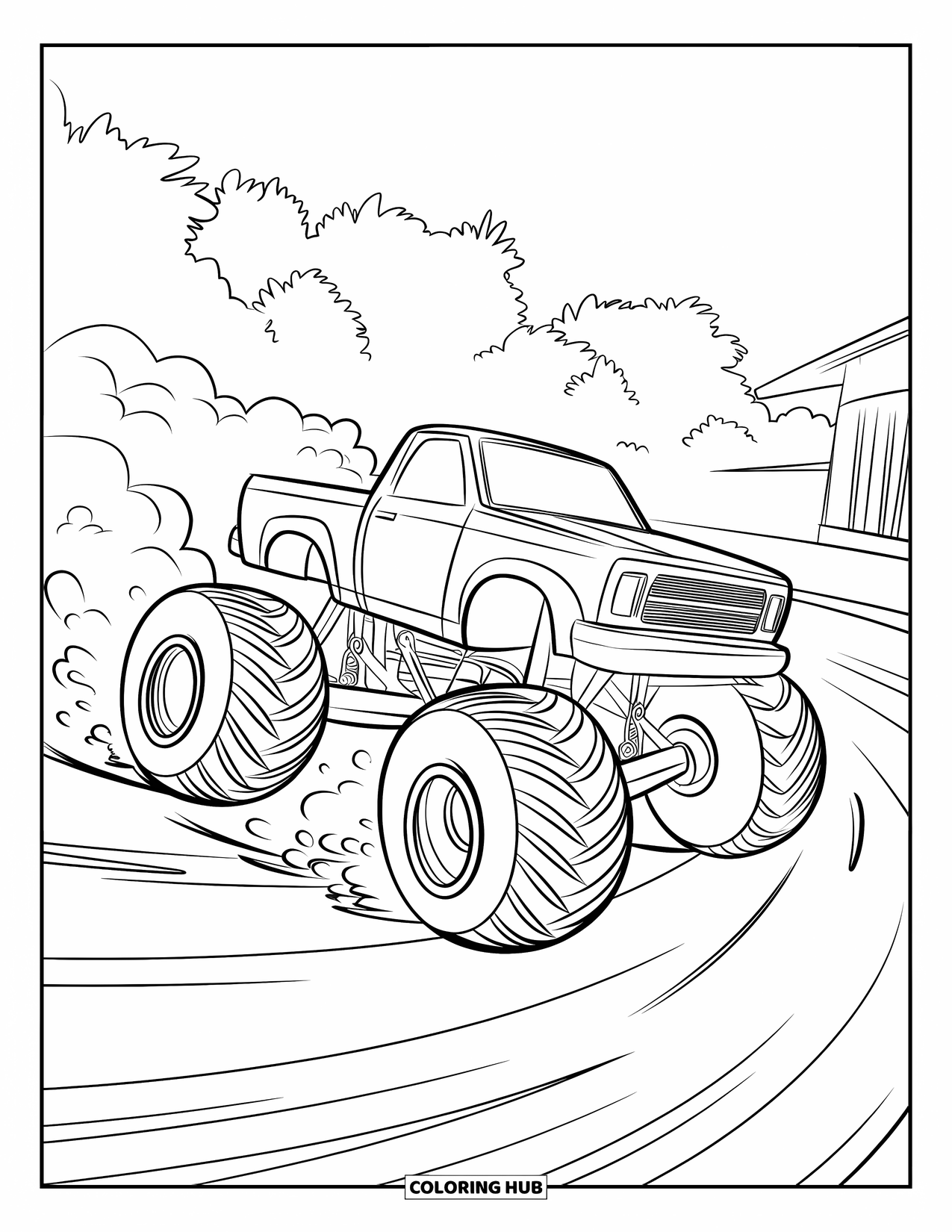 Desenho de caminhão monstro para colorir para crianças: Um caminhão monstro com rodas grandes derrapa em uma pista de terra, deixando um rastro de fumaça