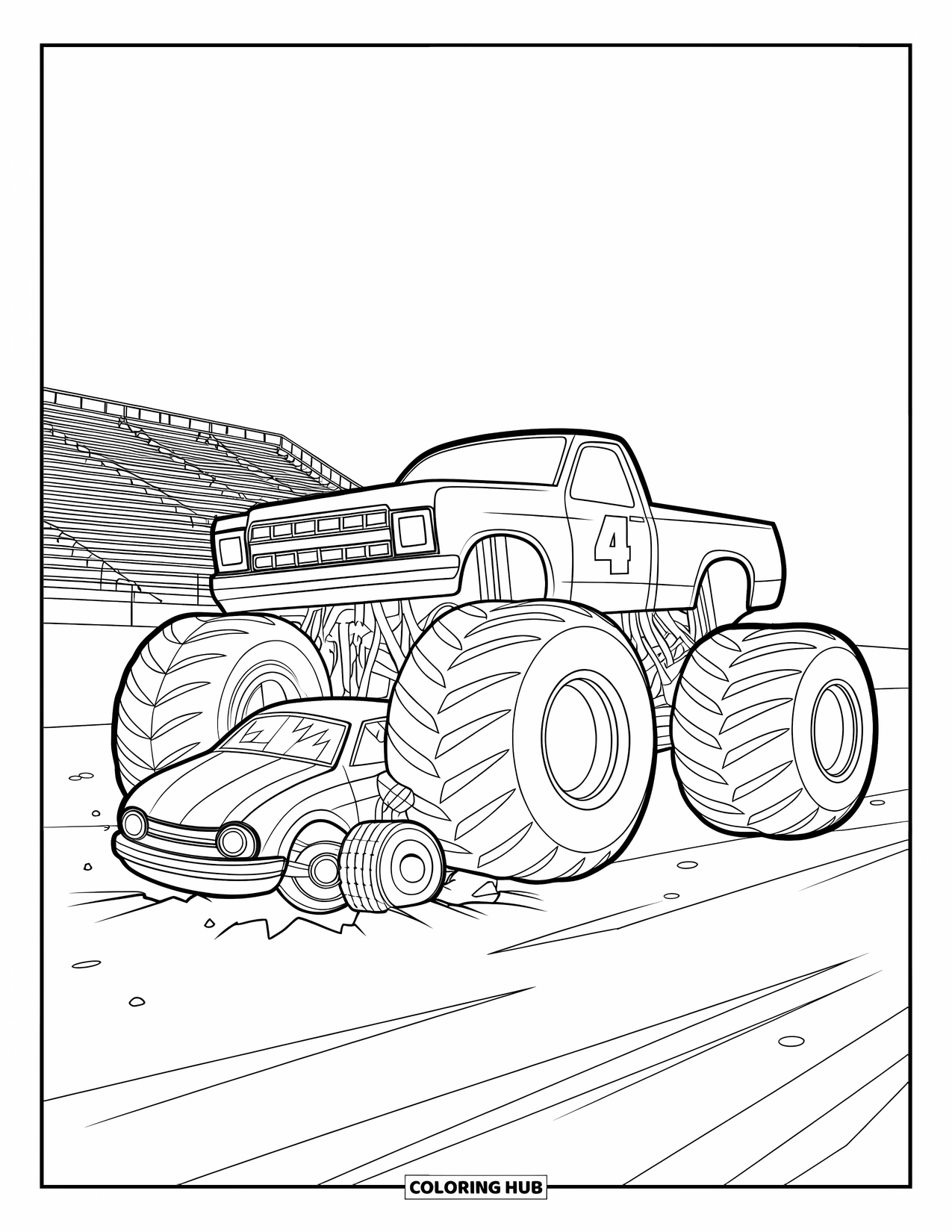 Desenho de caminhão monstro para colorir para crianças: Um caminhão monstro com o número "4" esmaga um carro quebrado em um estádio com arquibancadas