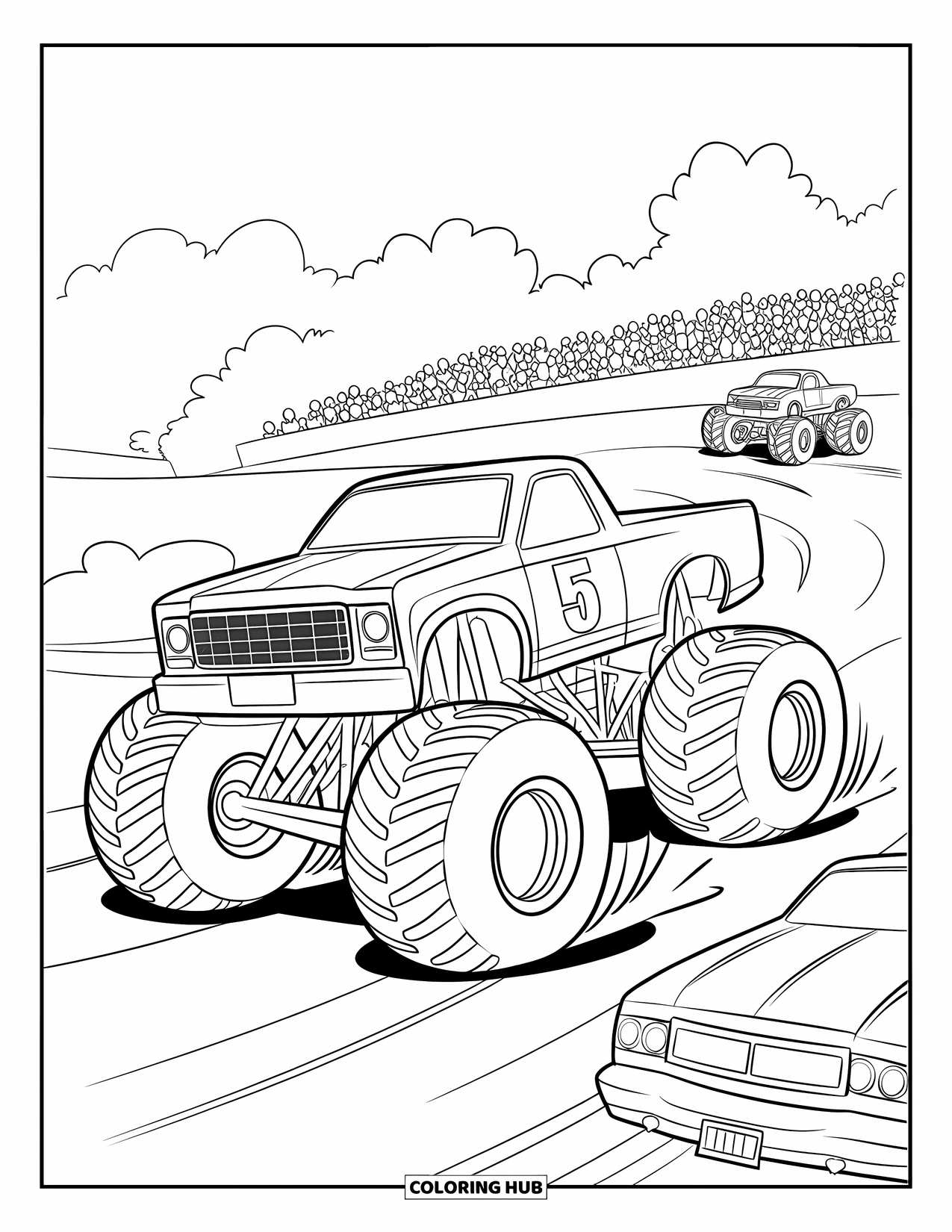 Desenho de caminhão monstro para colorir para crianças: Um caminhão monstro com o número "5" na lateral acelera sobre um carro enquanto lidera uma corrida