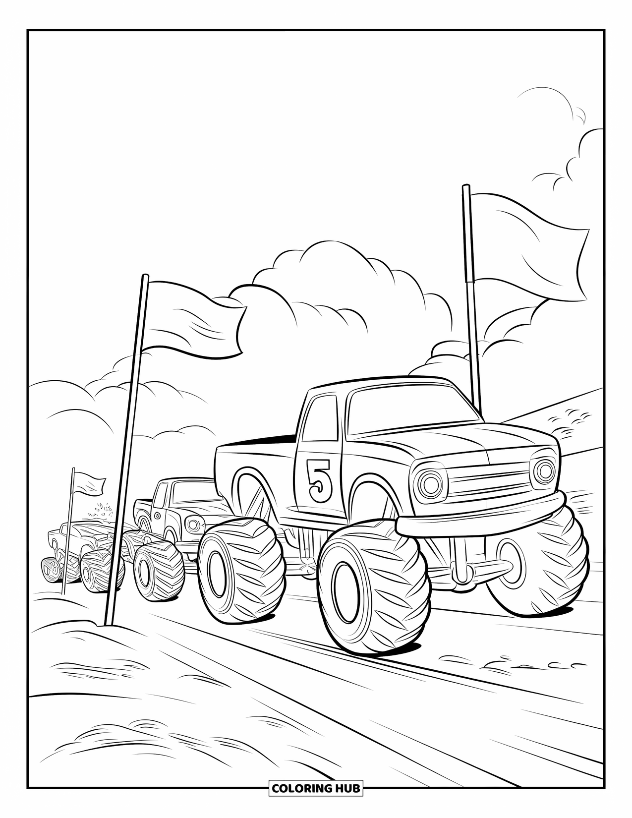 Desenho de caminhão monstro para colorir para crianças: Um caminhão monstro com o número "5" acelera na linha de partida sob um céu cheio de nuvens