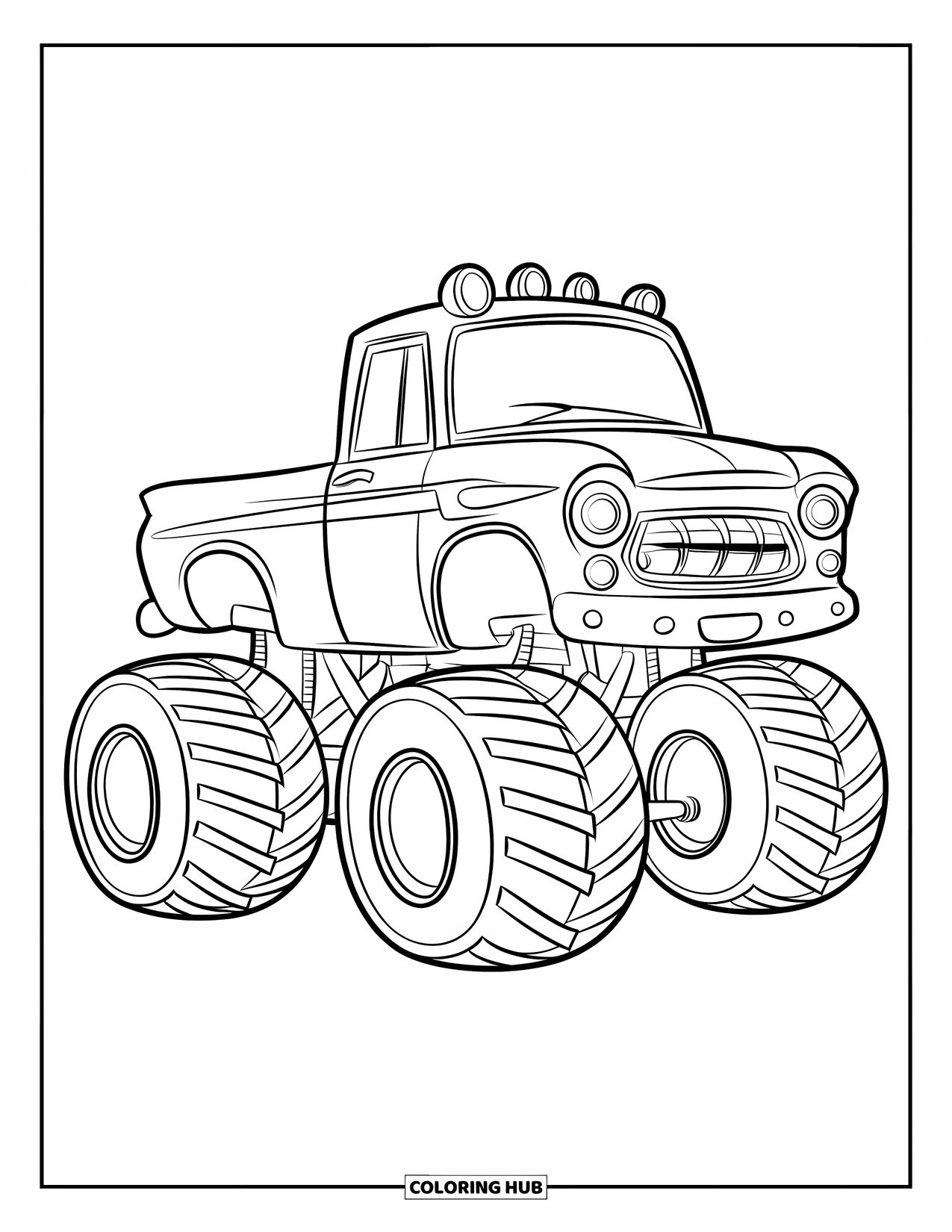 Desenho de caminhão monstro para colorir para crianças: Um caminhão monstro divertido e gordinho com pneus grandes fica feliz sem nenhum detalhe de fundo