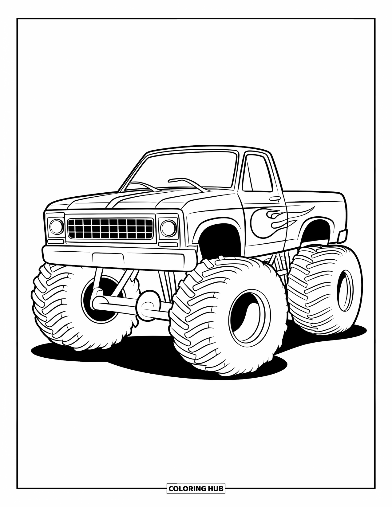 Desenho de caminhão monstro para colorir para crianças: Um caminhão monstro divertido com um decalque de chama e uma grade grande é exibido de um ângulo lateral