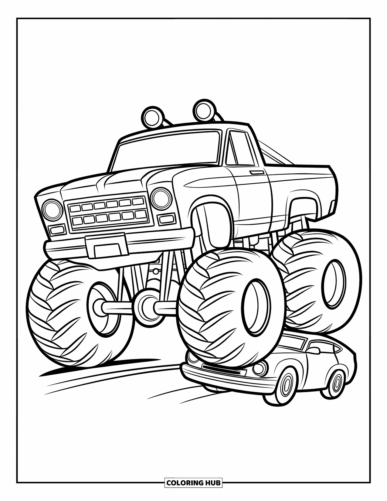 Desenho de caminhão monstro para colorir para crianças: Um caminhão monstro divertido com pneus grandes passa por cima de um carro com um design alegre