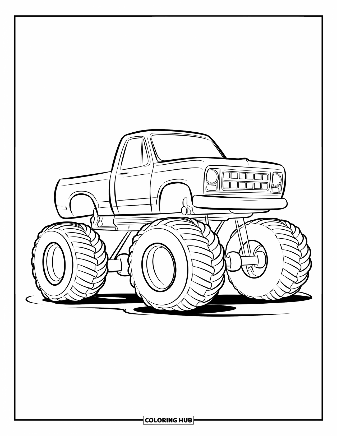 Desenho de caminhão monstro para colorir para crianças: Um caminhão monstro divertido com rodas enormes e um corpo elevado fica em um fundo em branco