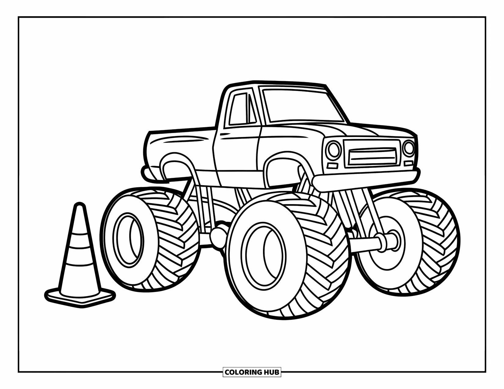 Desenho de caminhão monstro para colorir para crianças: Um caminhão monstro de estrutura pequena está estacionado perto de um cone de trânsito com rodas grandes elevando-se ao lado dele