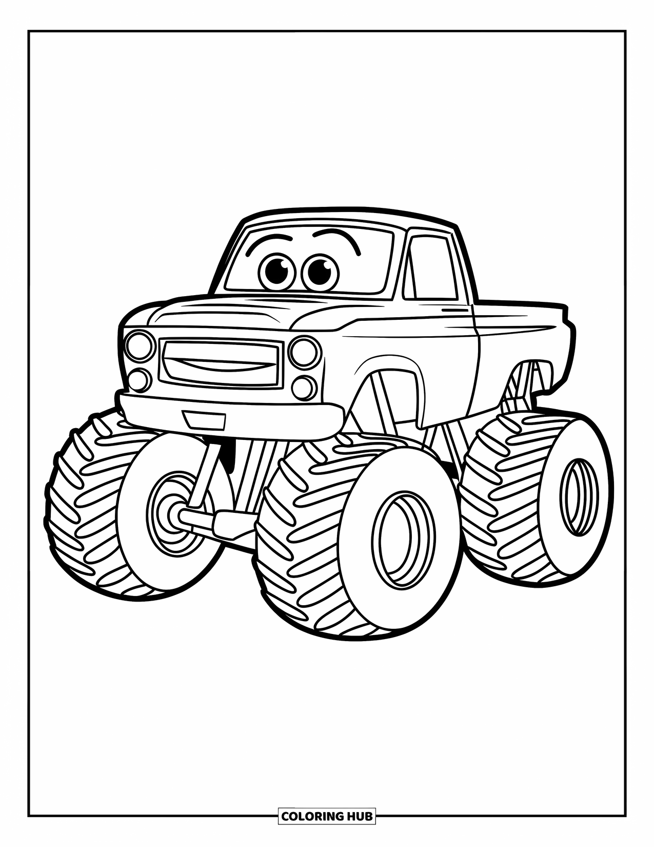Desenho de caminhão monstro para colorir para crianças: Um caminhão monstro sorridente com olhos redondos e pneus grandes está estacionado em primeiro plano