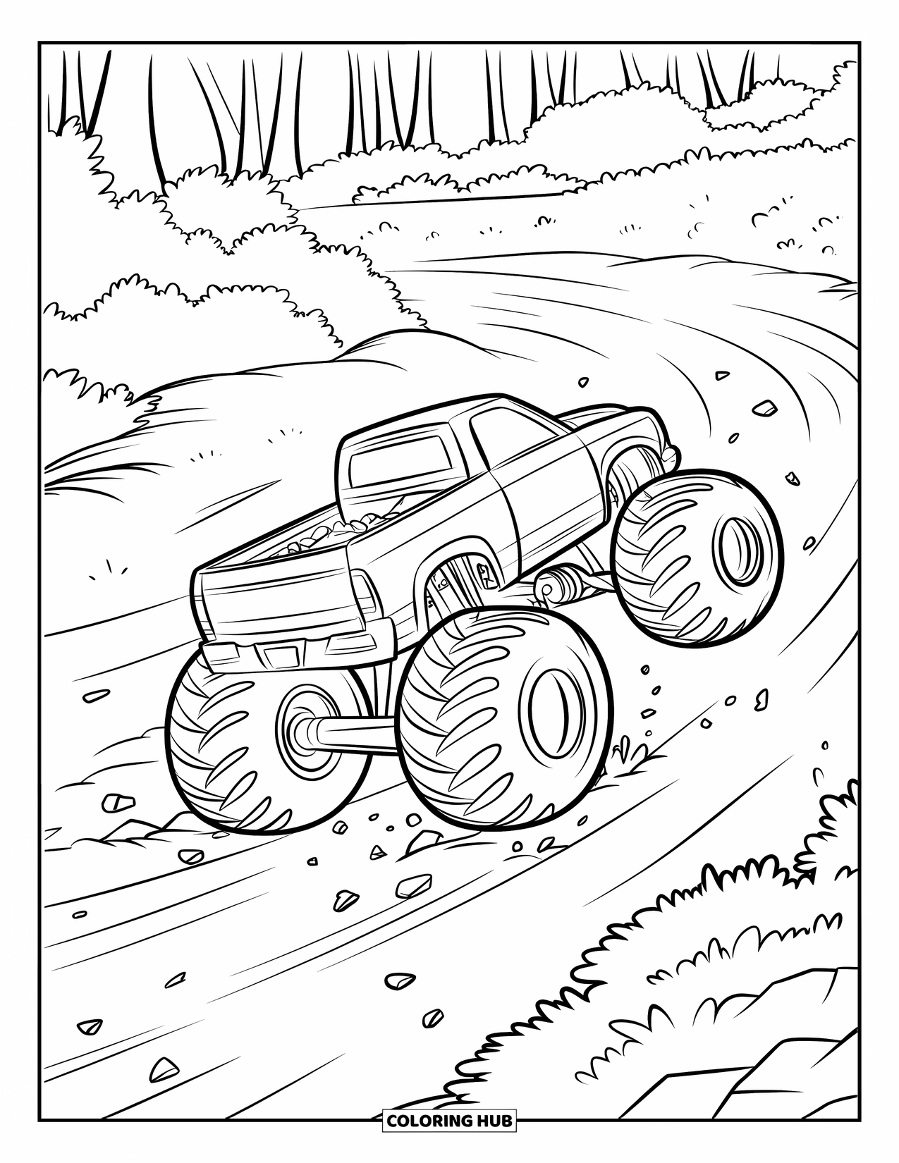 Desenho de caminhão monstro para colorir para crianças: Um caminhão monstro com picos empina em uma trilha rochosa, acelerando por uma floresta exuberante