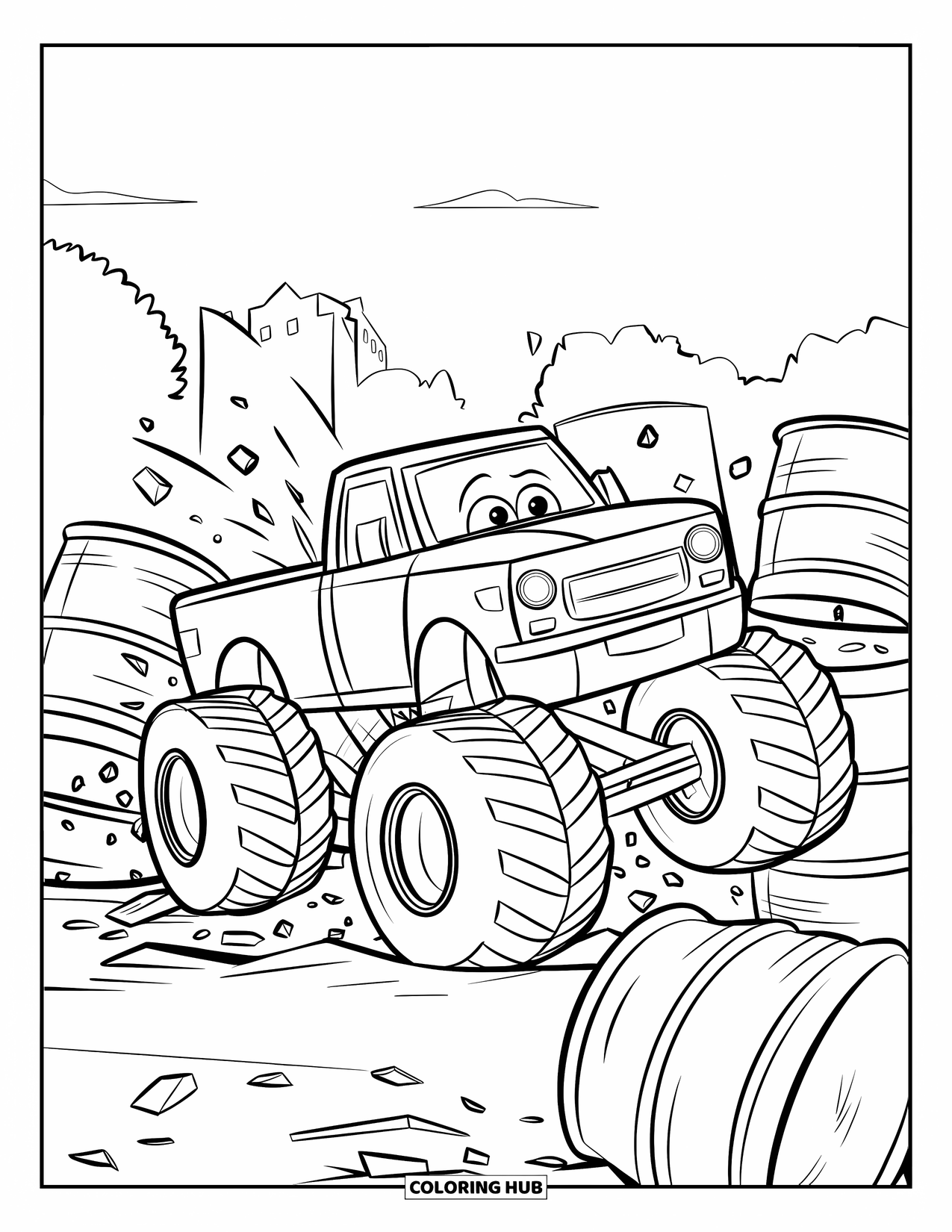 Desenho de caminhão monstro para colorir para crianças: Um caminhão monstro com picos e pneus enormes espera em uma arena cercada por carros queimados