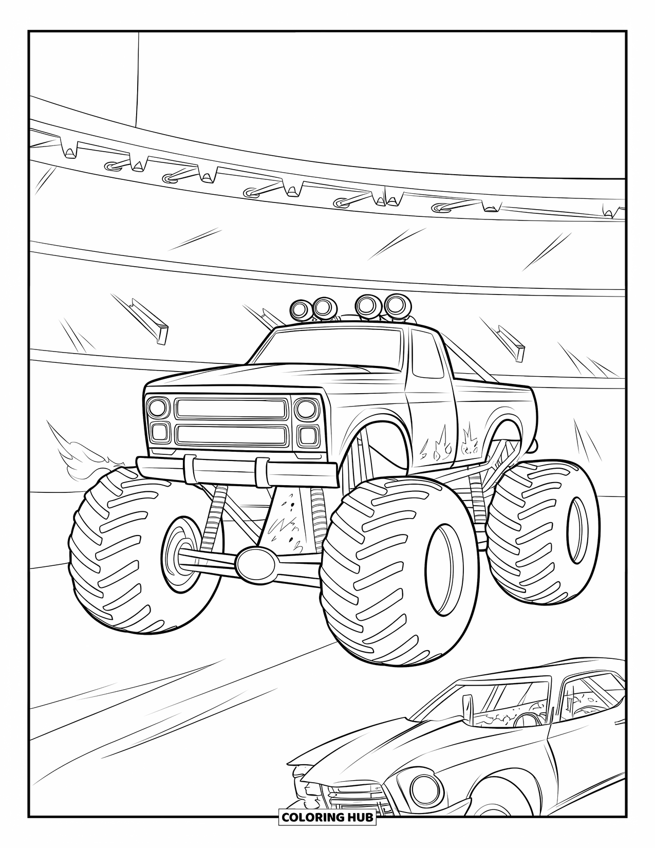 Desenho de caminhão monstro para colorir para crianças: Um caminhão monstro com picos e pneus enormes espera em uma arena cercada por carros queimados